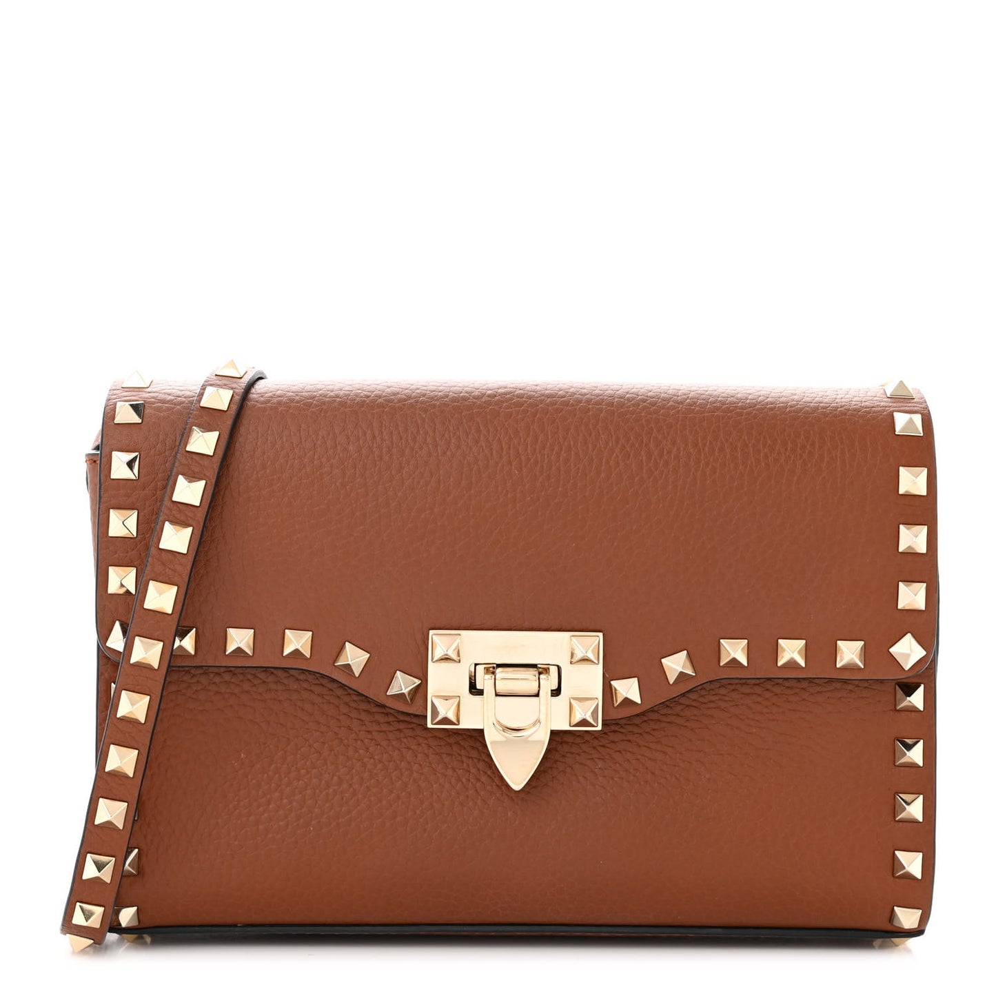 Pebbled Calfskin Medium Rockstud Flip Lock Crossbody Bag Saddle Brown