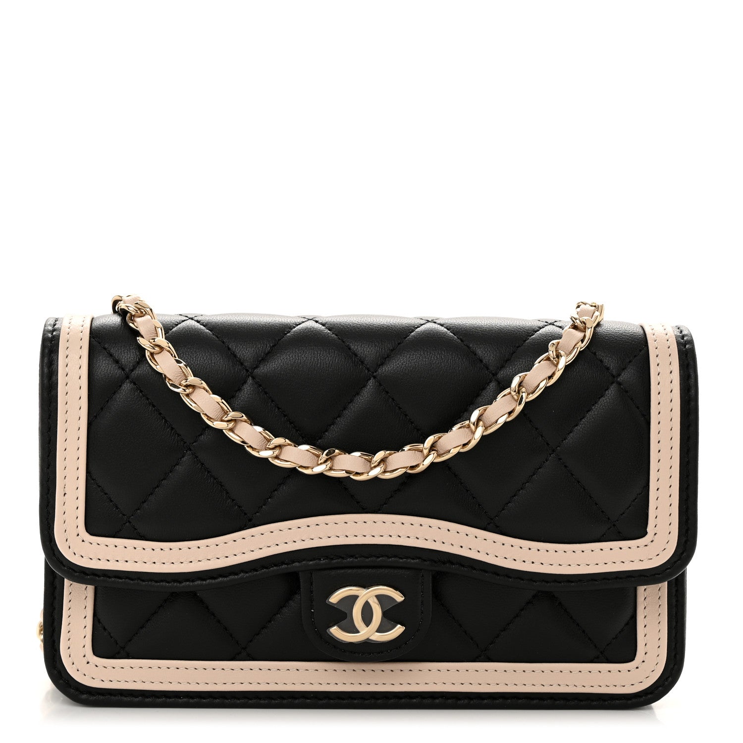 Chanel Lambskin Quilted Flap Phone Holder With Chain Black Beige