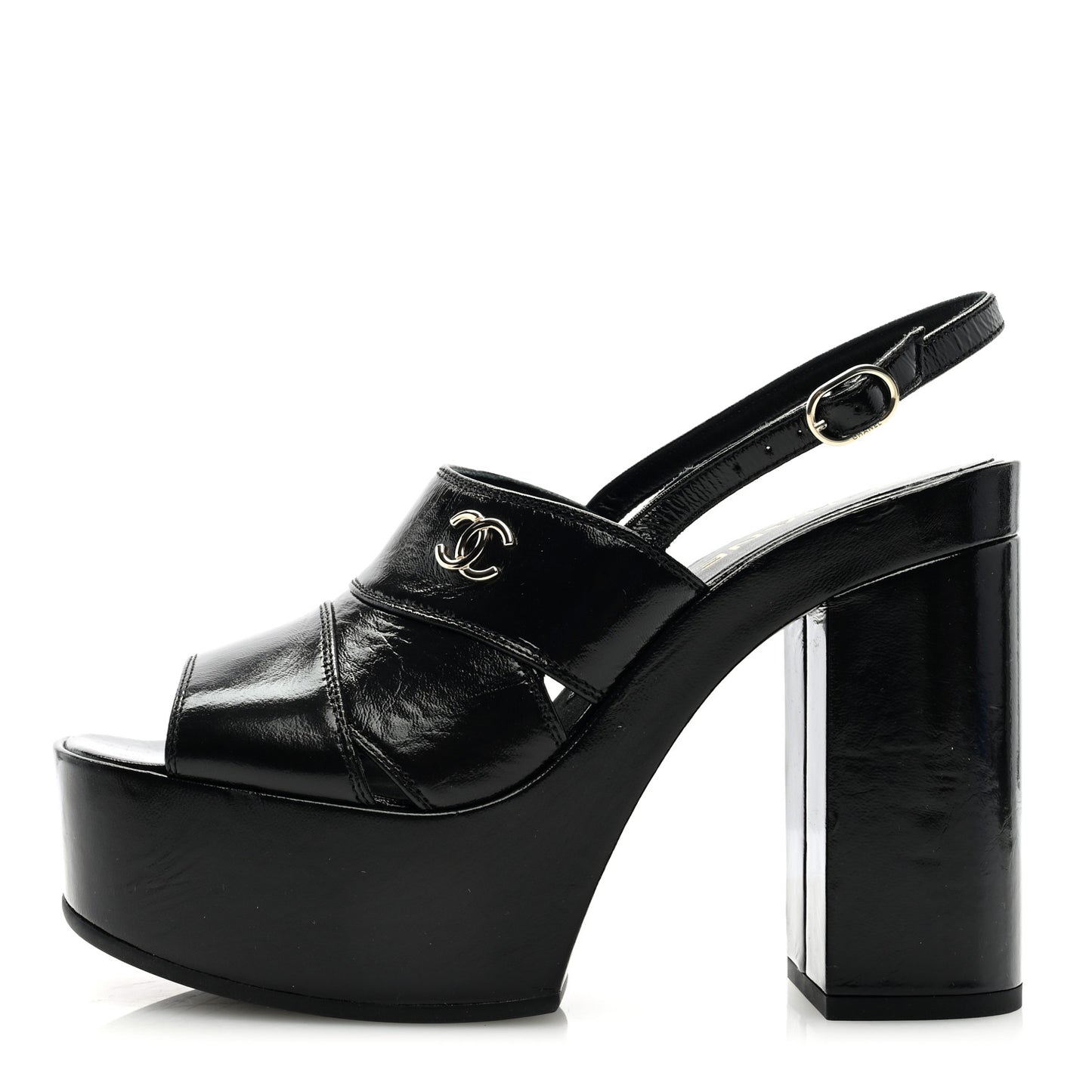 Crumpled Patent Lambskin Platform Sandals 39 Black