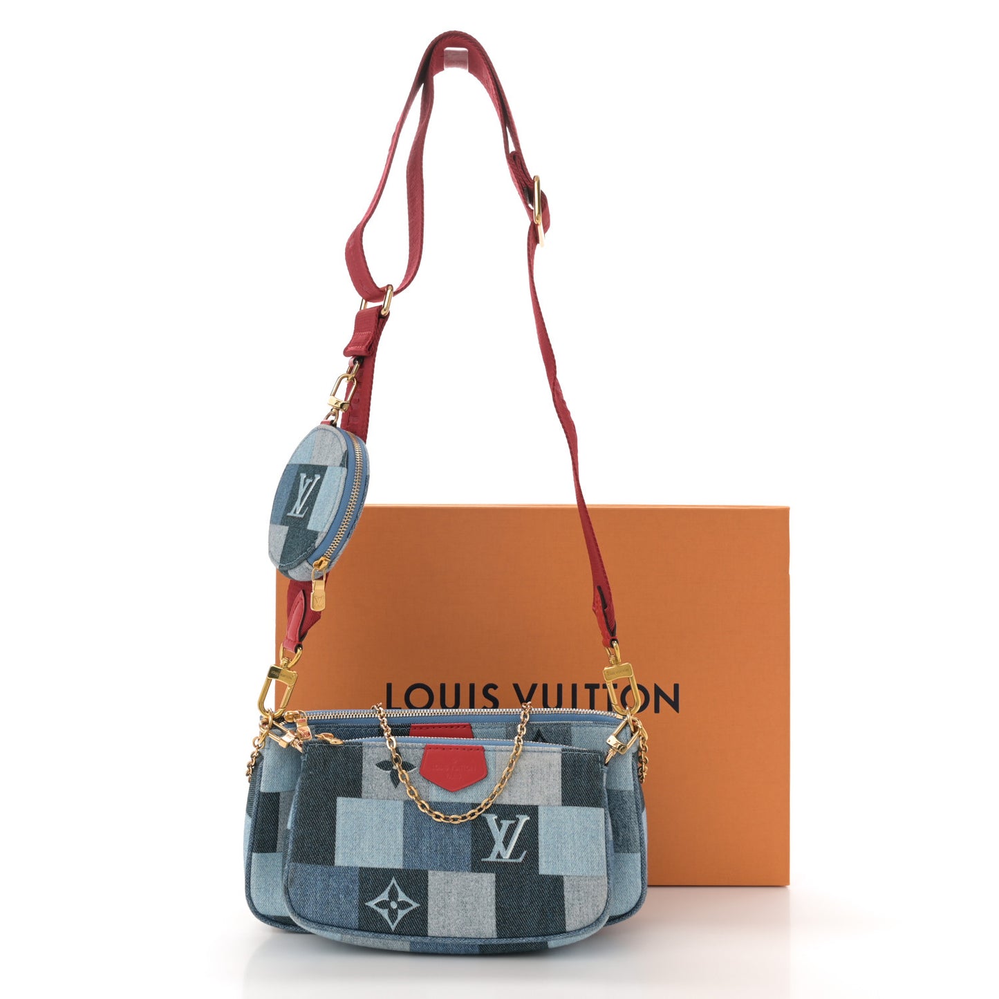 Denim Damier Monogram Patchwork Multi Pochette Accessories Blue Rouge