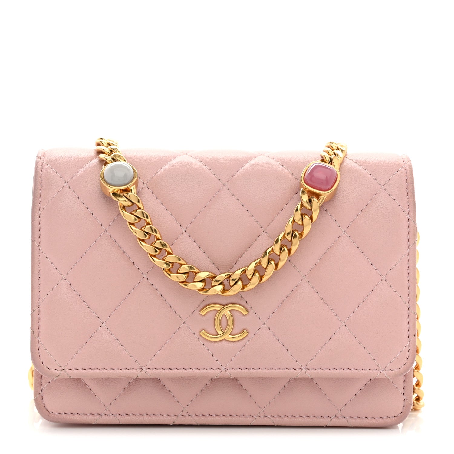 Chanel Lambskin Quilted CC Pearl Enamel Clutch on Chain WOC Light