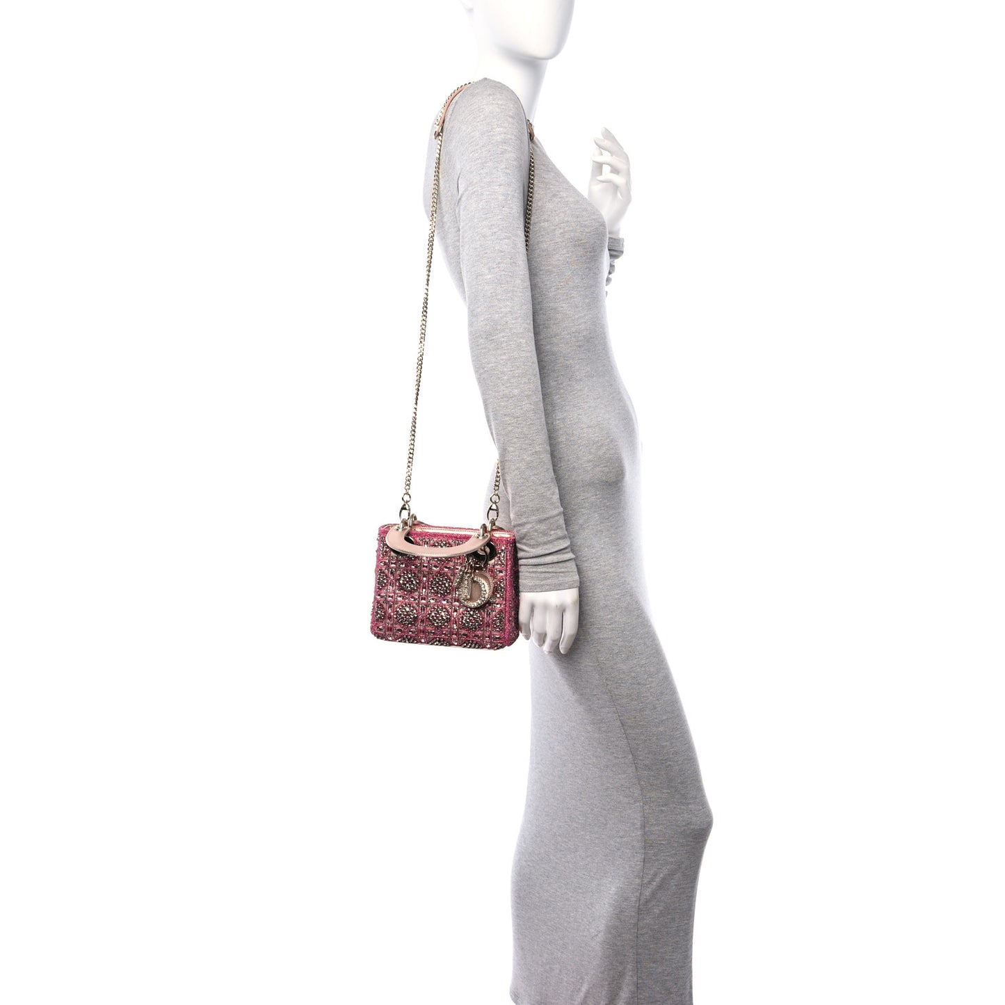 Metallic Calfskin Satin Celestial Bead Embroidery Cannage Mini Lady Dior Rose Des Vents