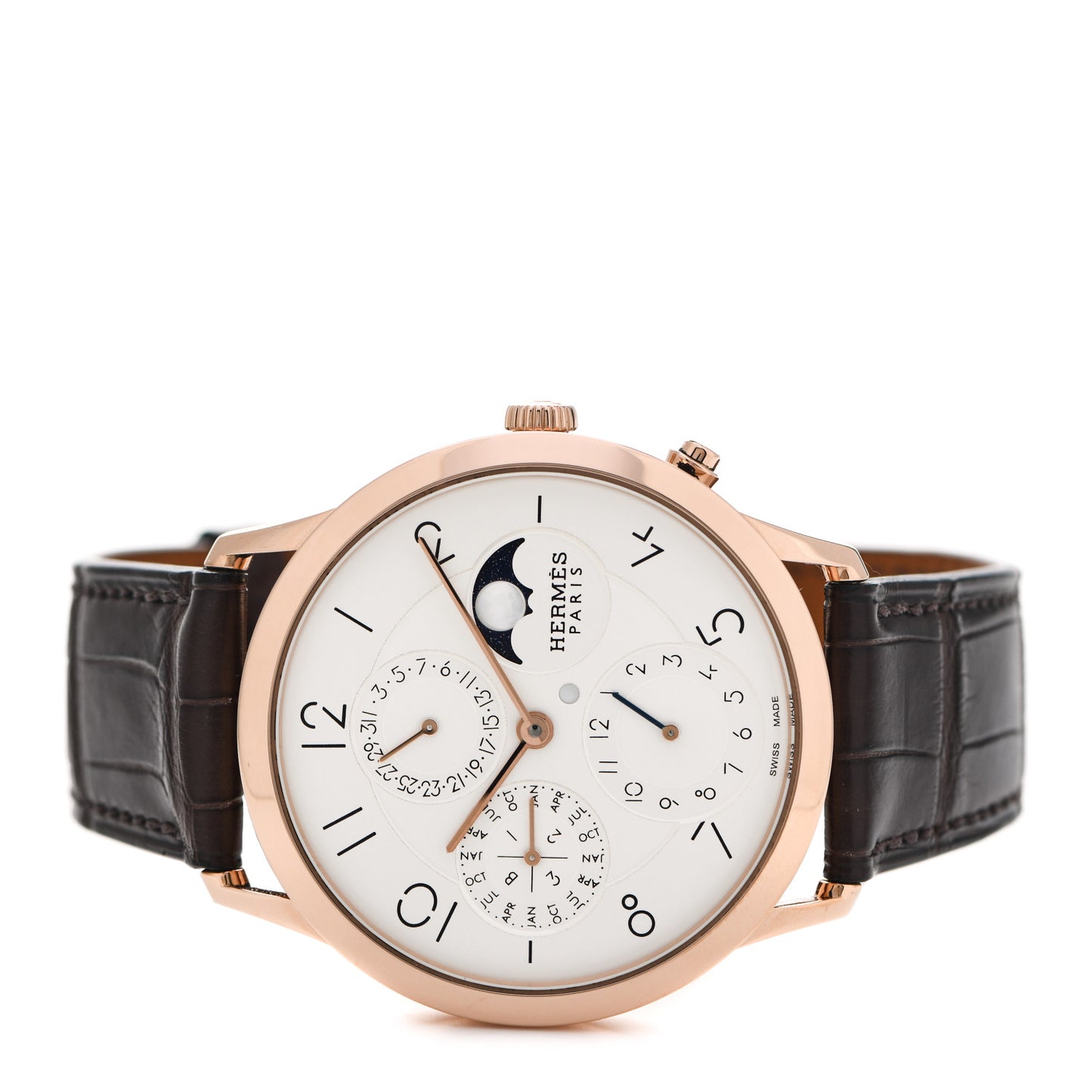 18K Rose Gold Alligator 39.5 Slim d'Hermes Quantieme Perpetuel Automatic Watch Havane