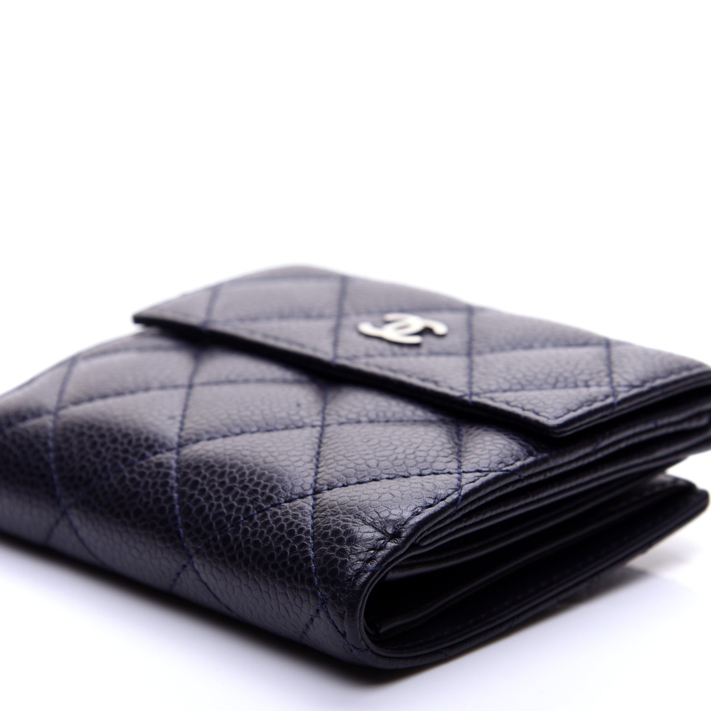 Caviar Quilted Compact French Flap Wallet Dark Blue