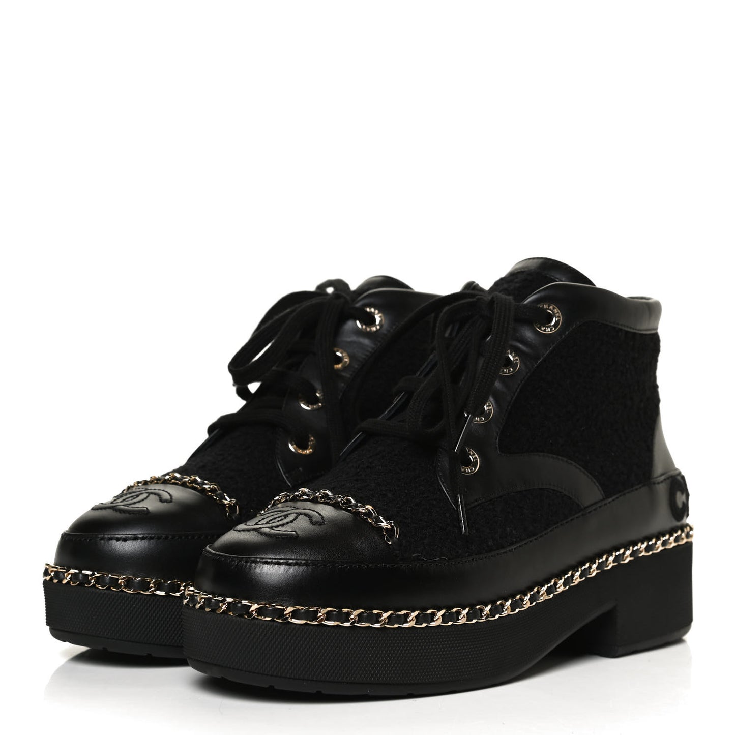 Tweed Calfskin Chain Short Boots 36 Black