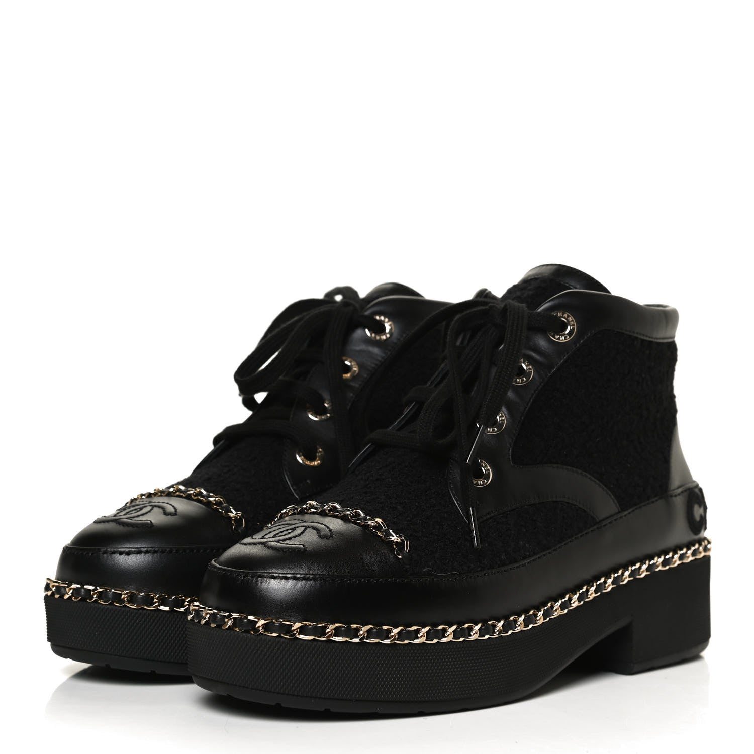Chanel Tweed Calfskin Chain Short Boots 36 Black 3 of 9