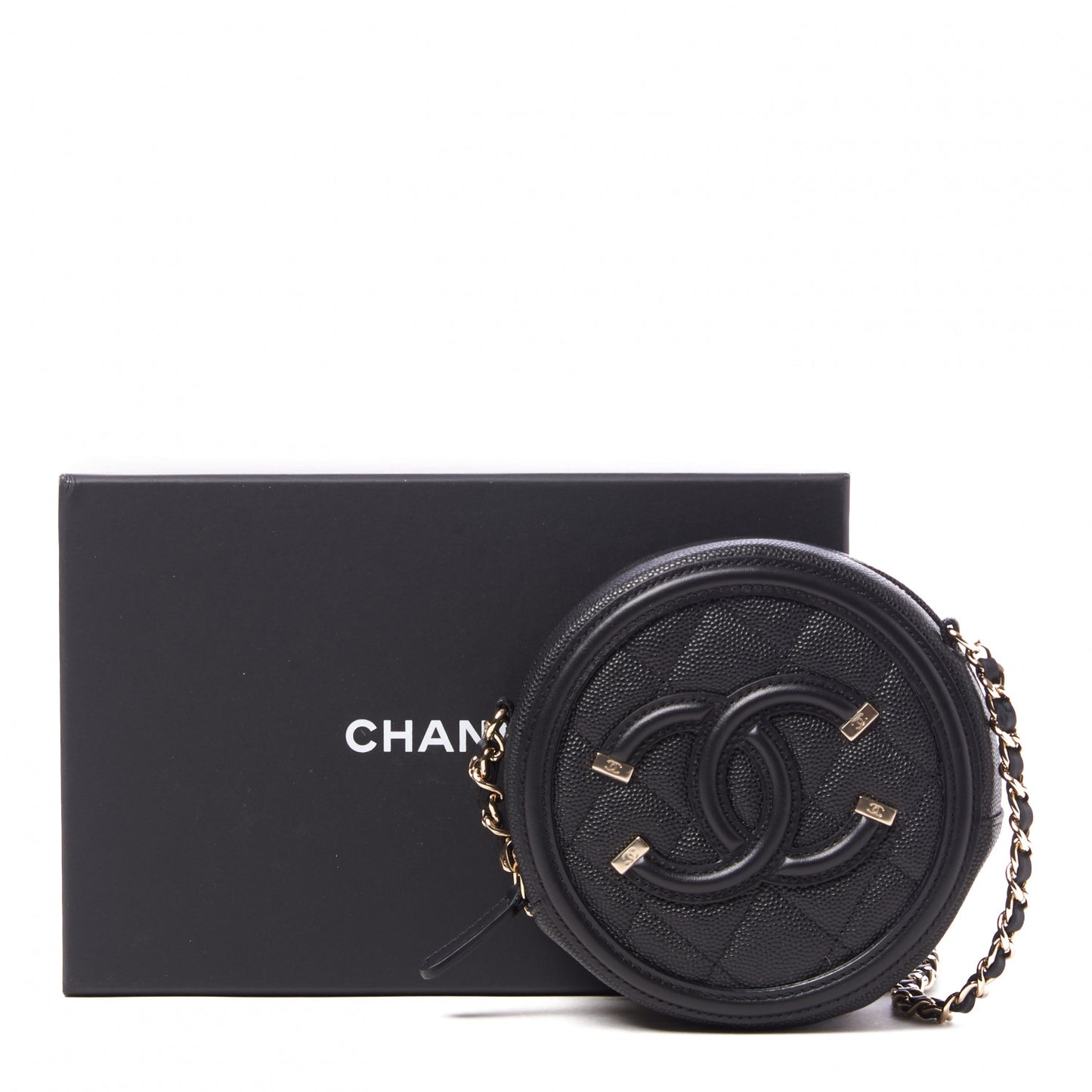 Caviar Quilted Round Filigree Crossbody Black