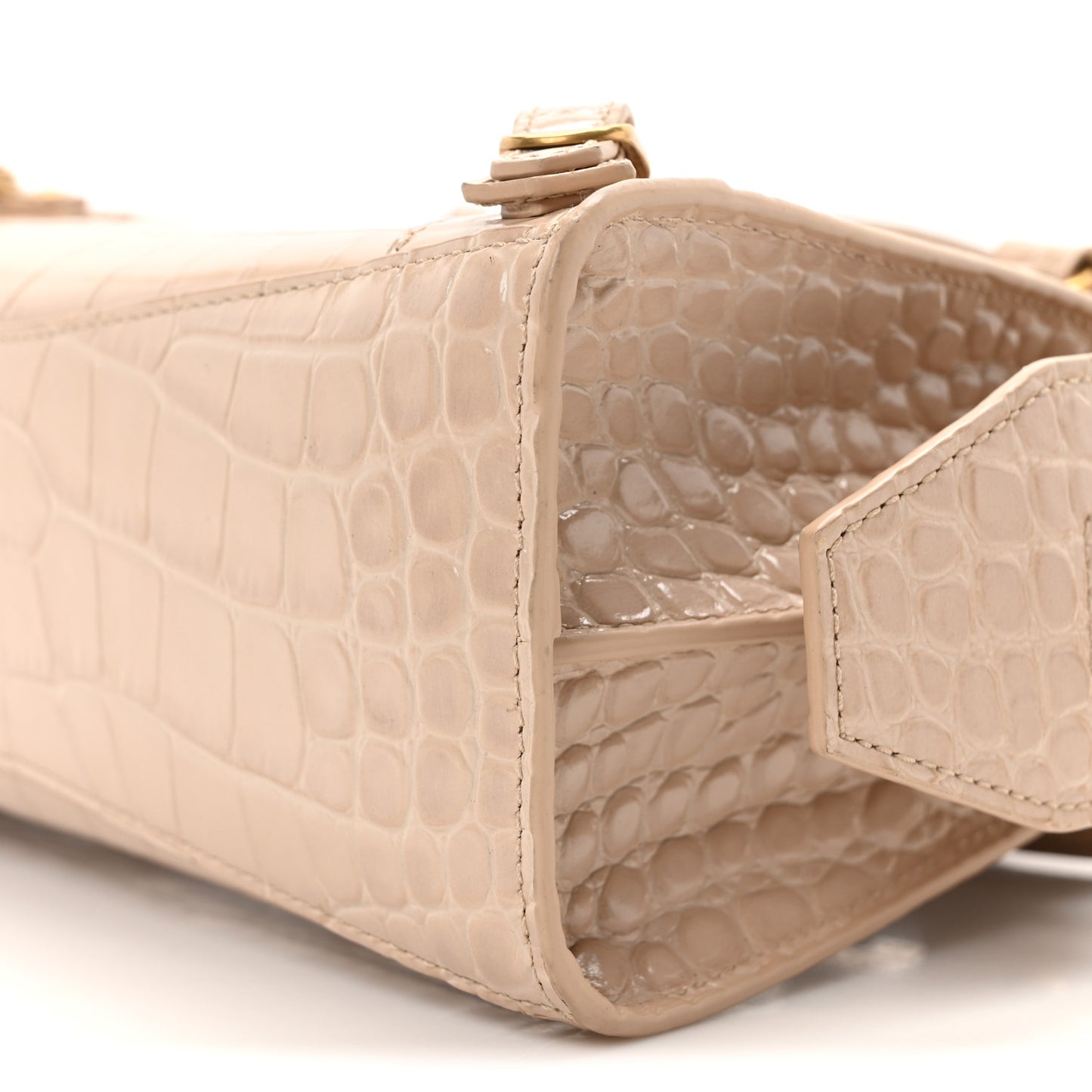 Shiny Supple Calfskin Crocodile Embossed Neo Classic Gold Hardware Mini City Light Beige