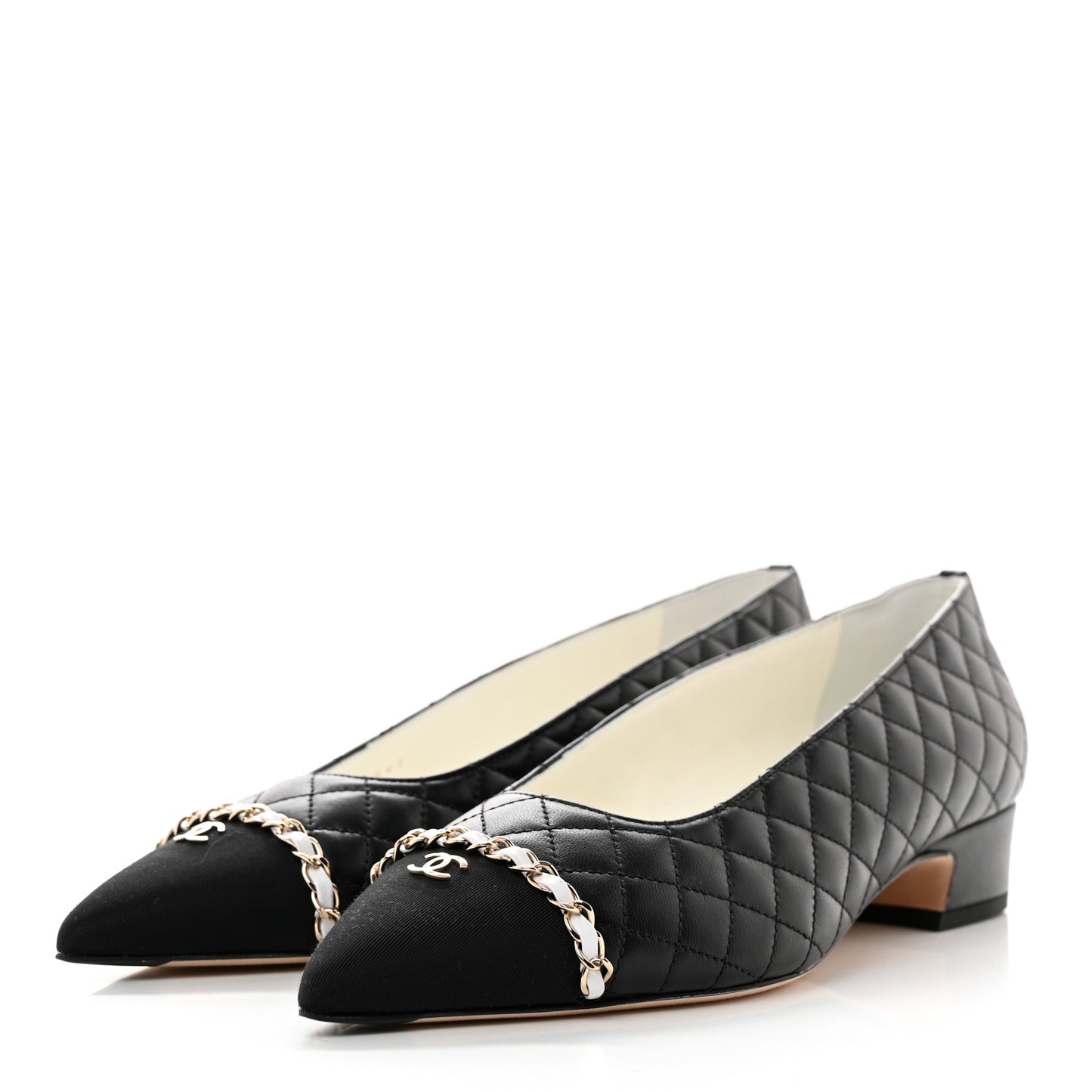 Lambskin Grosgrain Quilted Cap Toe CC Chain Pumps 41 Black