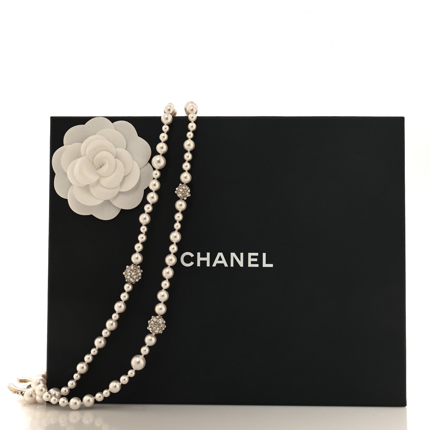 Chanel Pearl Crystal CC Cluster Long Necklace Golden Pearly White 5 of 5