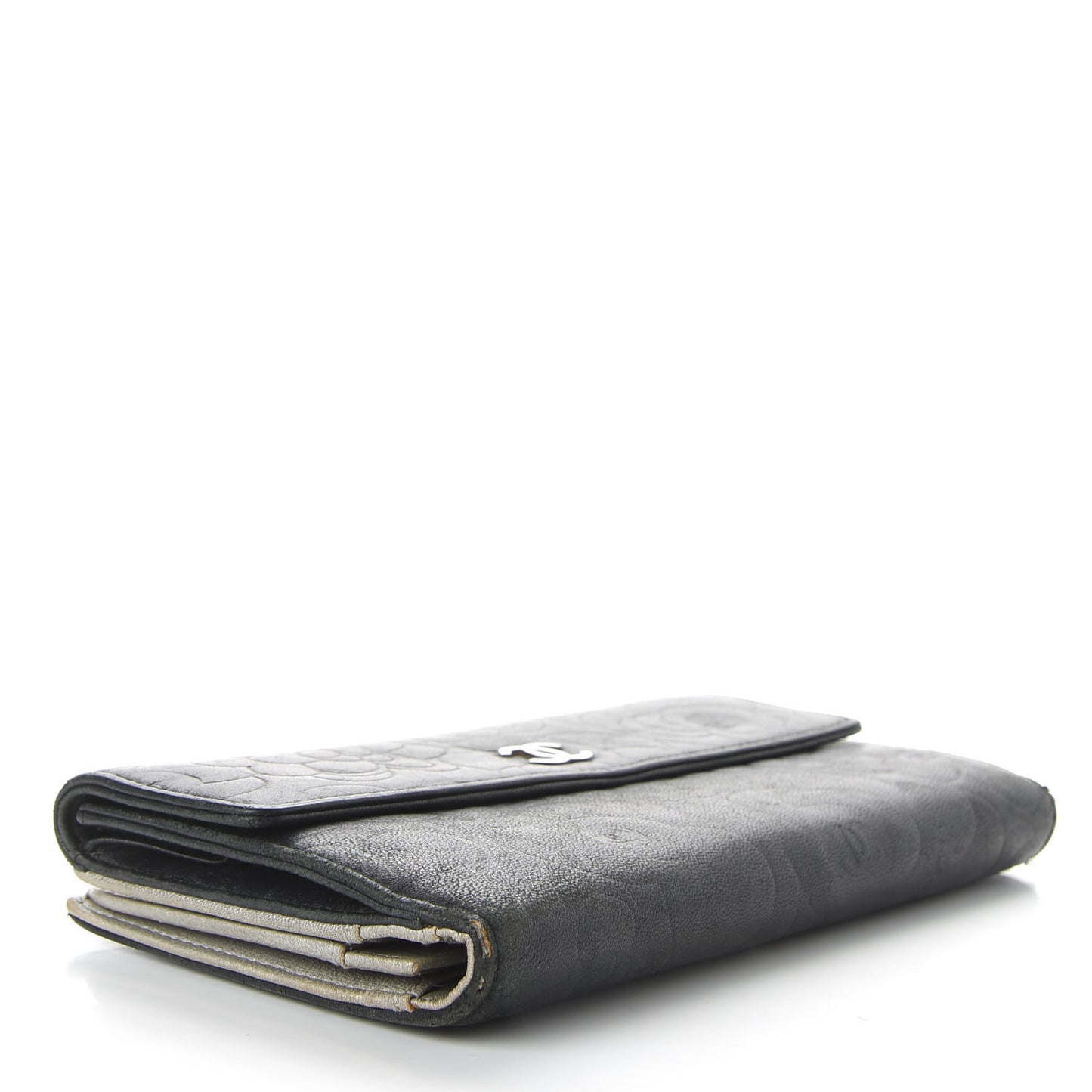 Lambskin Camellia Embossed Large Flap Wallet Black