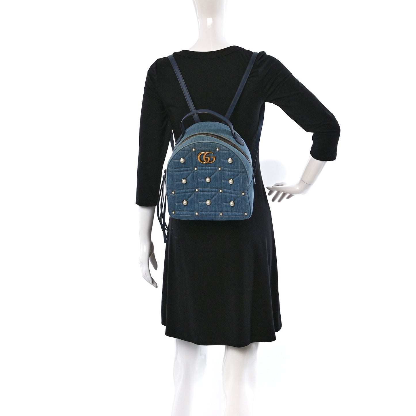 Kura Denim Matelasse Cubic Pearl Studded GG Marmont Dome Backpack Blue