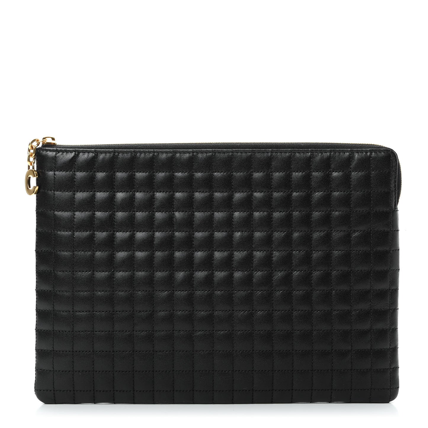 Calfskin Quilted C Charm Pouch Black