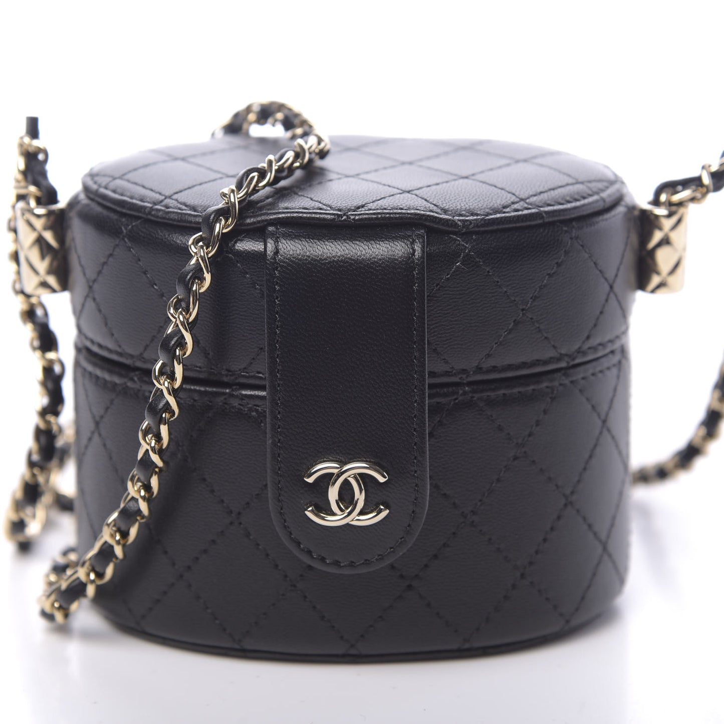 Lambskin Quilted Mini Round Vanity Case With Chain Black