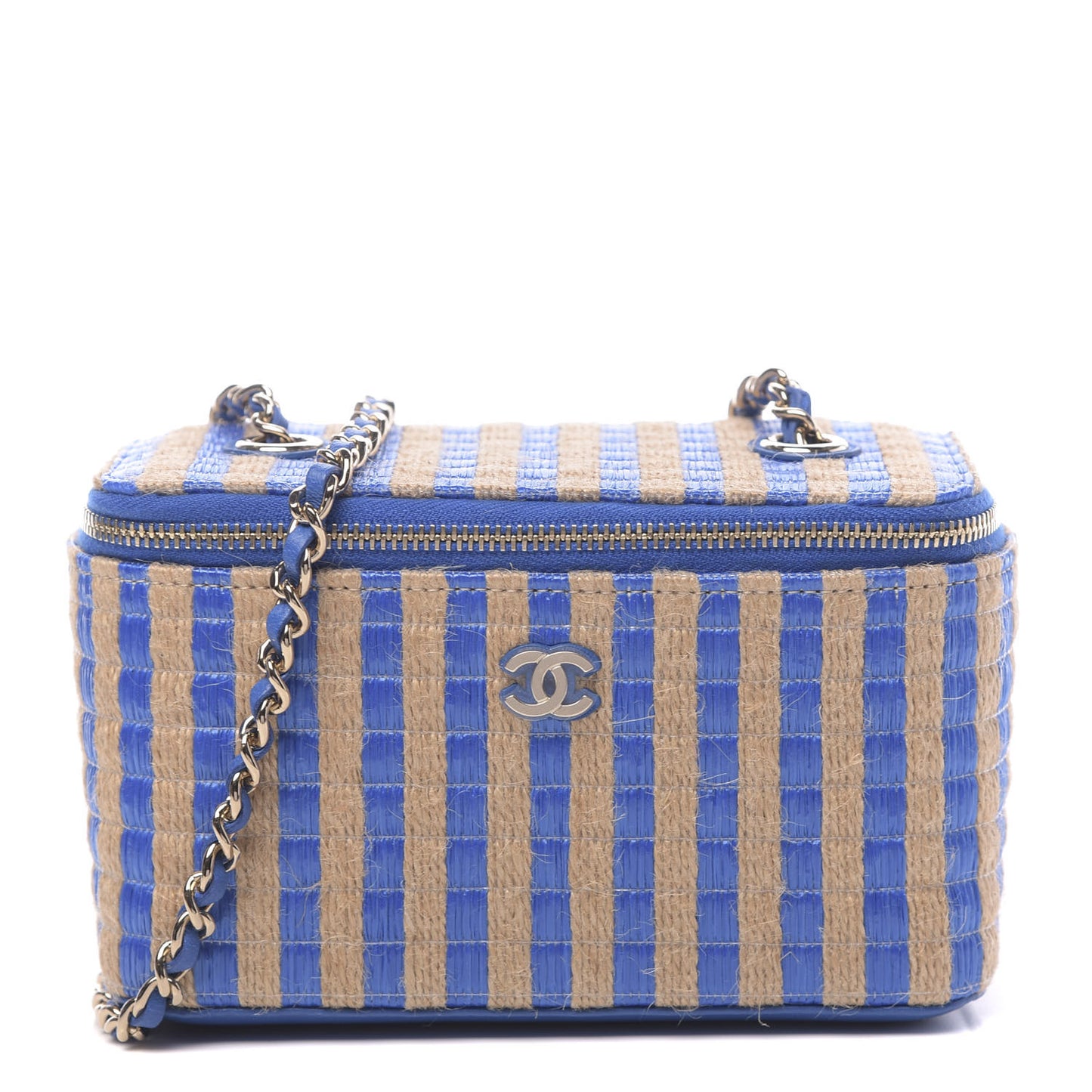 Raffia Jute Striped Small Vanity Case With Chain Blue Beige
