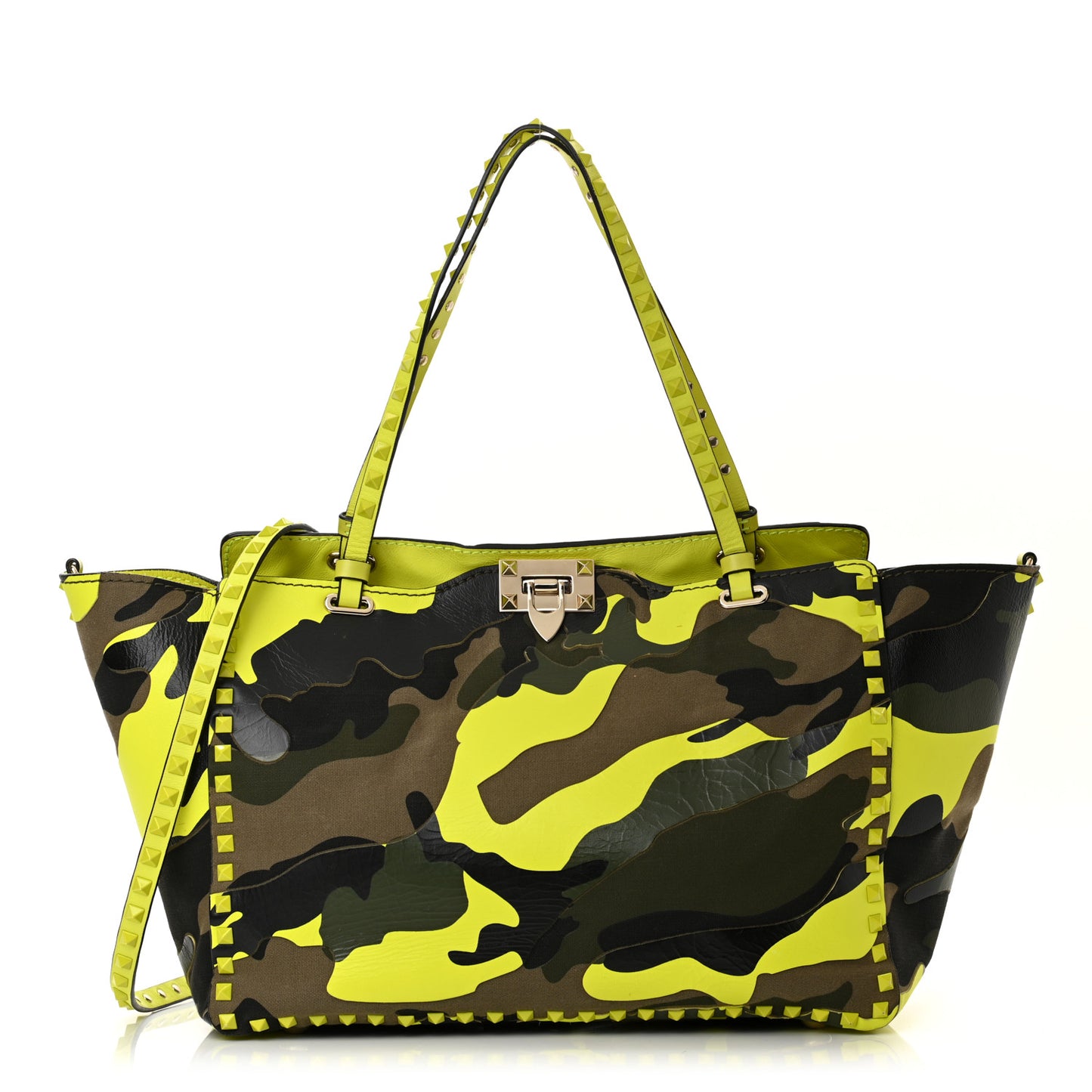 Nappa Canvas Camouflage Medium Rockstud Tote Green Fluo Yellow