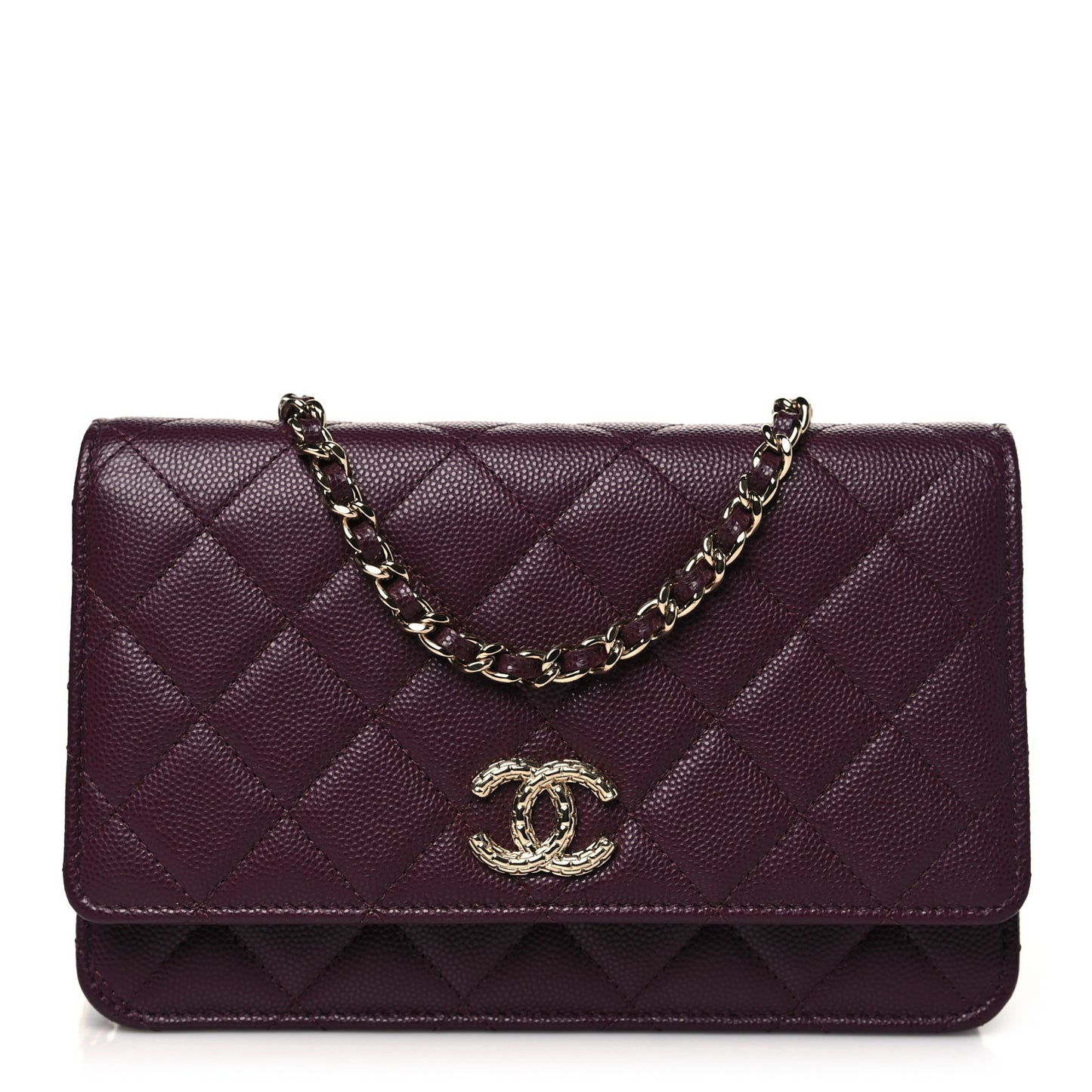 Caviar Quilted Chain Embossed CC Wallet On Chain WOC Burgundy