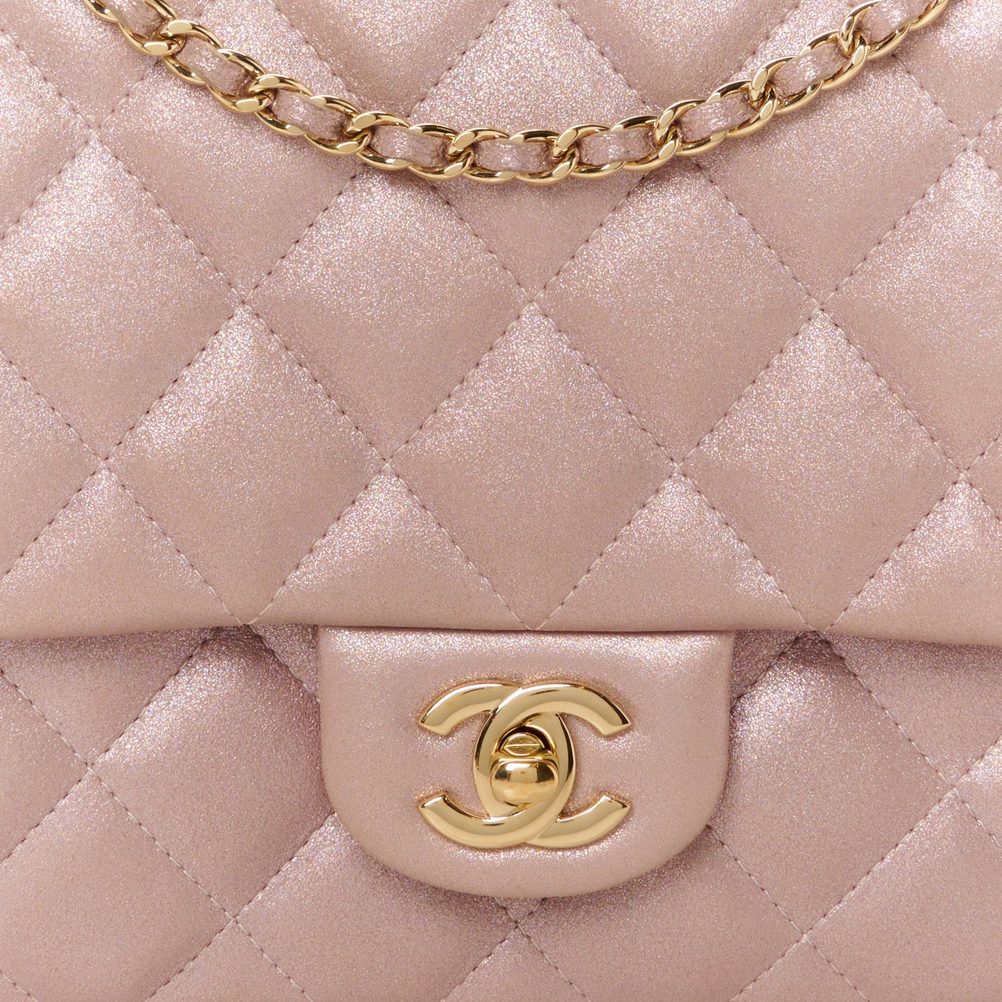 Iridescent Calfskin Quilted Clutch With Chain Flap Pink