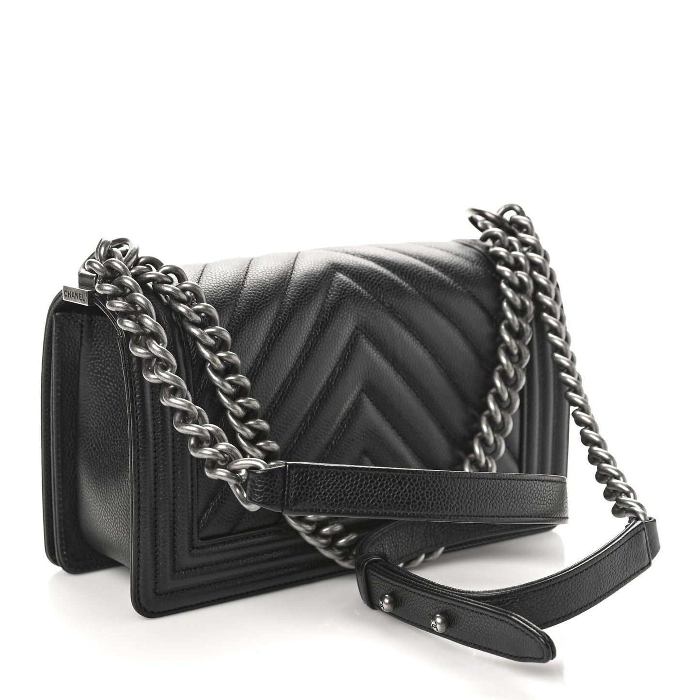 Caviar Chevron Quilted Medium Boy Flap Black
