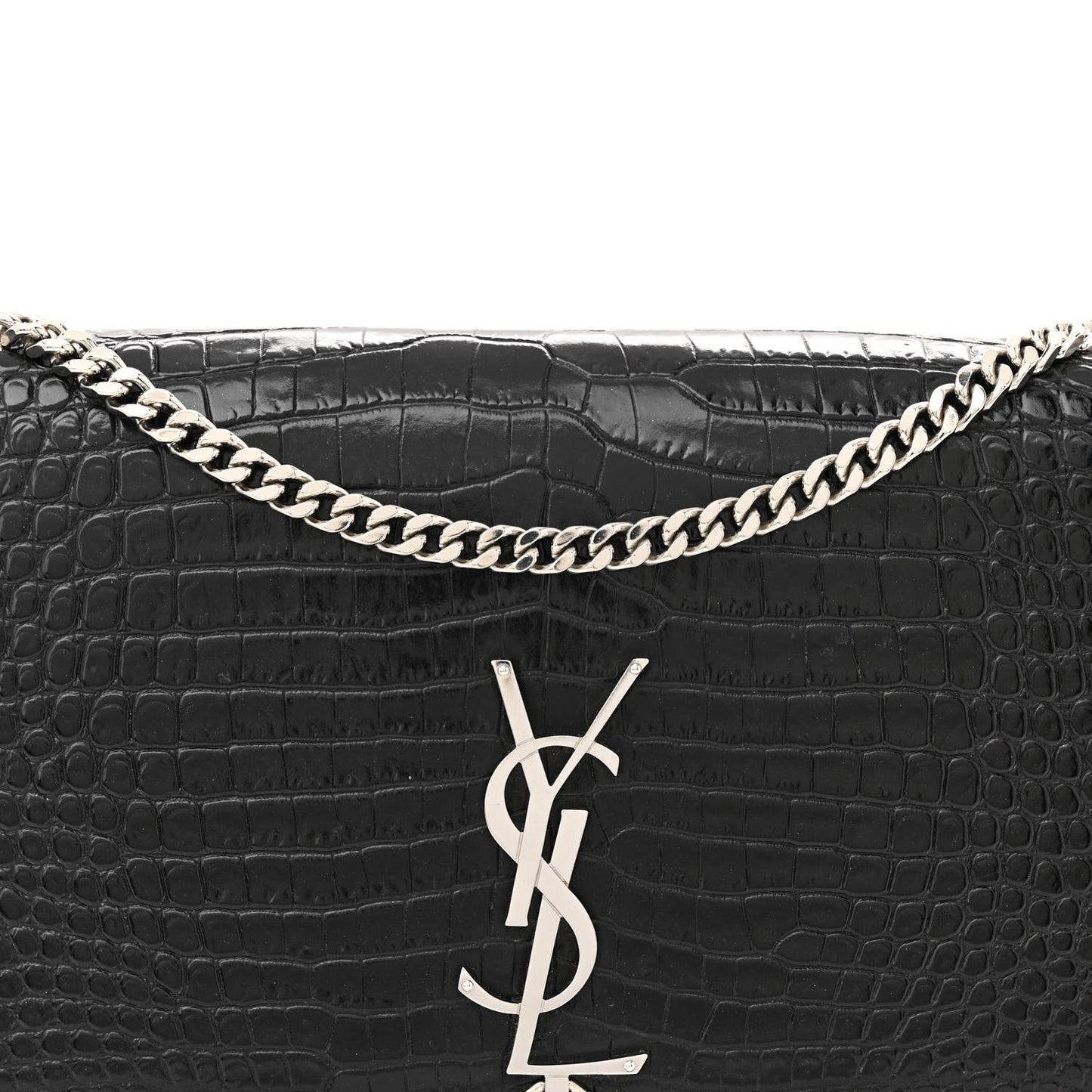 Calfskin Crocodile Embossed Medium Classic Monogram Kate Tassel Satchel Black