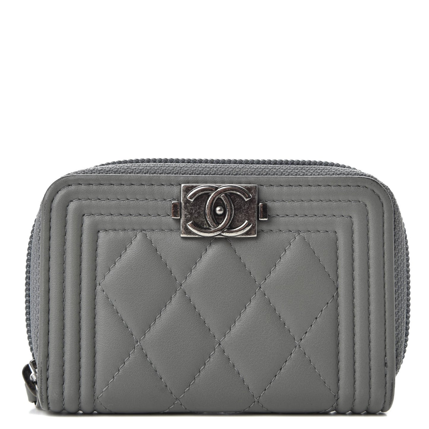 Lambskin Quilted Boy Zip Around Coin Purse Wallet Grey