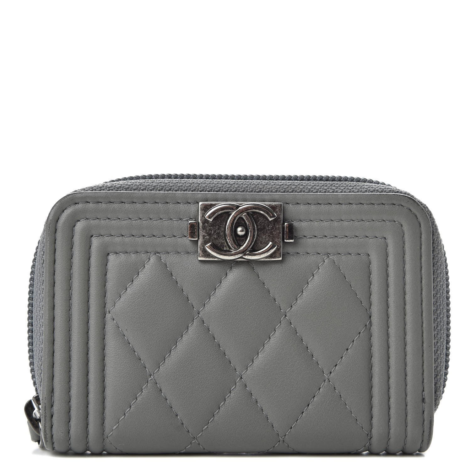 Chanel Lambskin Quilted Boy Zip Around Coin Purse Wallet Grey 1 of 8