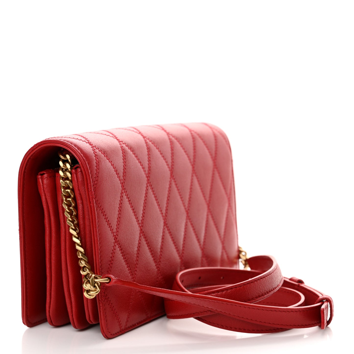 Lambskin Diamond Quilted Monogram Angie Chain Bag Red