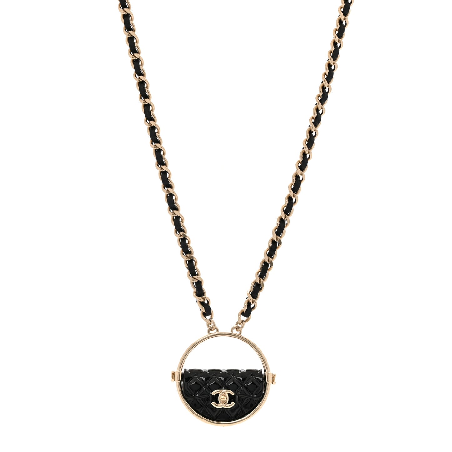 Metal Resin Quilted Flap Bag Hoop Mirror Necklace Black Gold