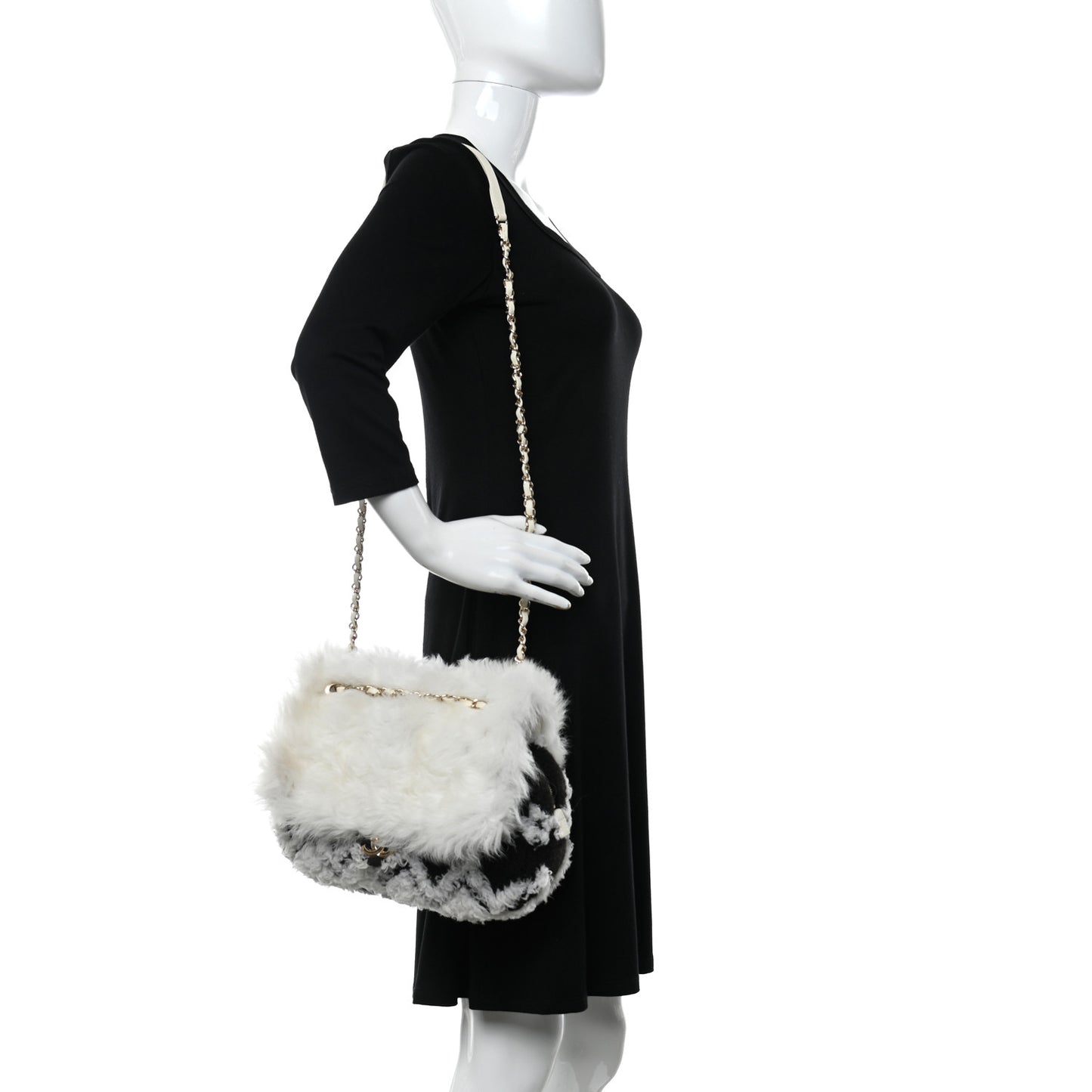 Wool Shearling Sheepskin Zip Around Flap Black Ecru