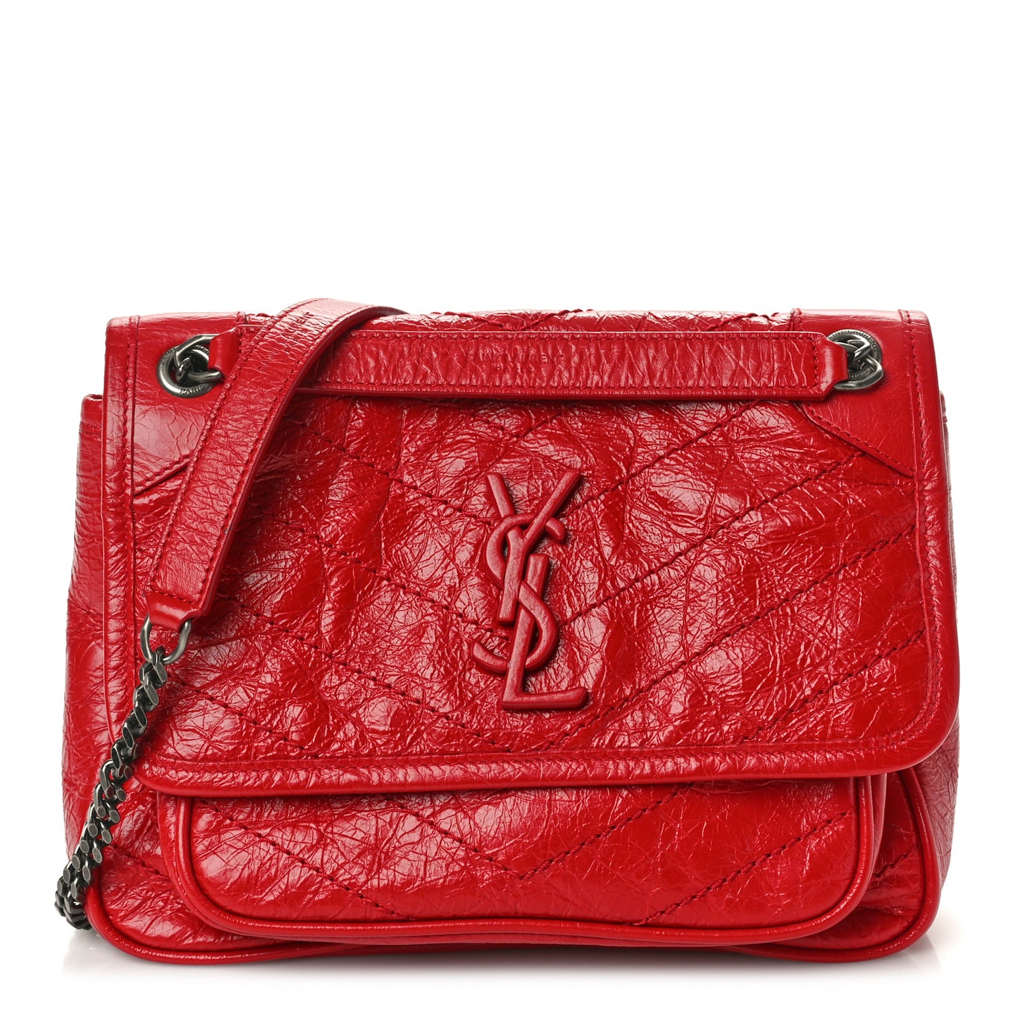 Crinkled Calfskin Matelasse Monogram Baby Niki Chain Satchel Rouge Eros