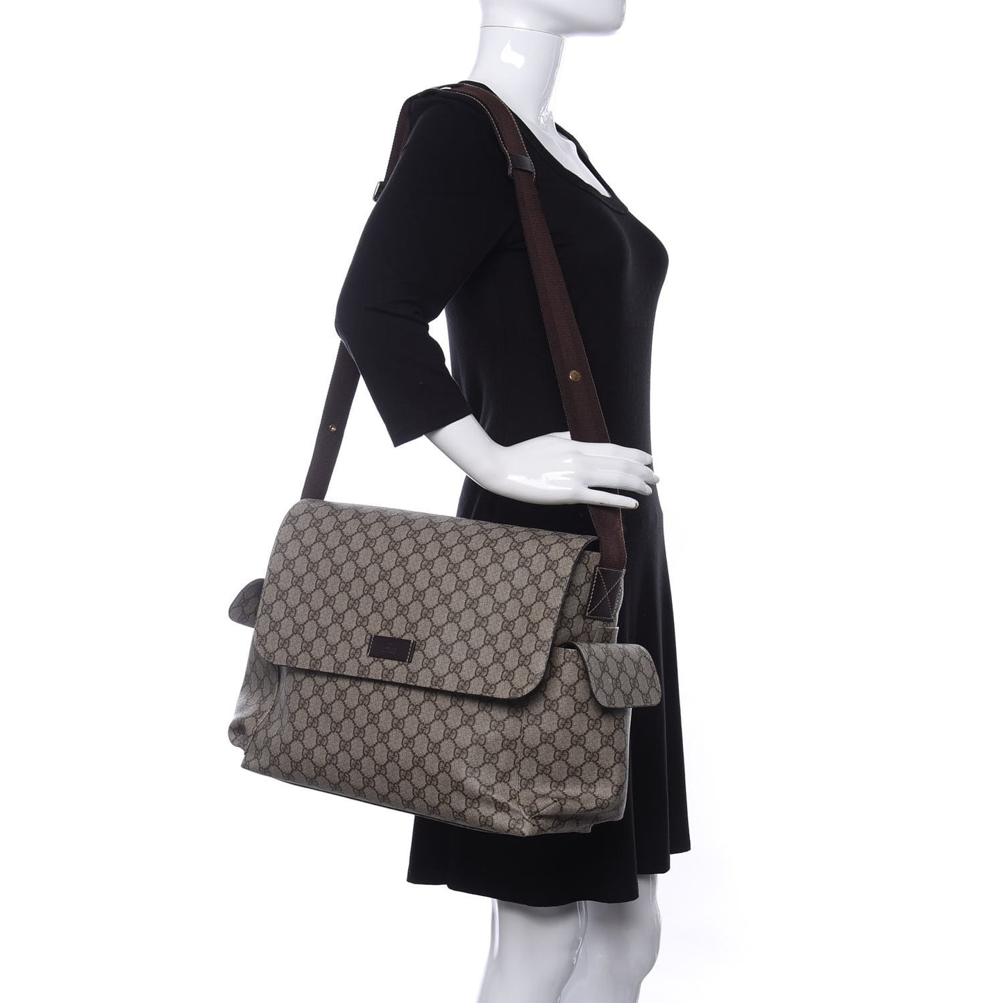 GG Supreme Monogram Selleria Calfskin Messenger Diaper Bag Beige Ebony Cocoa Dark Chocolate