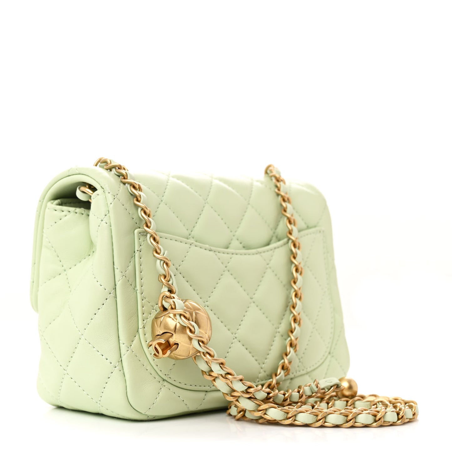 Lambskin Quilted Mini Pearl Crush Flap Light Green