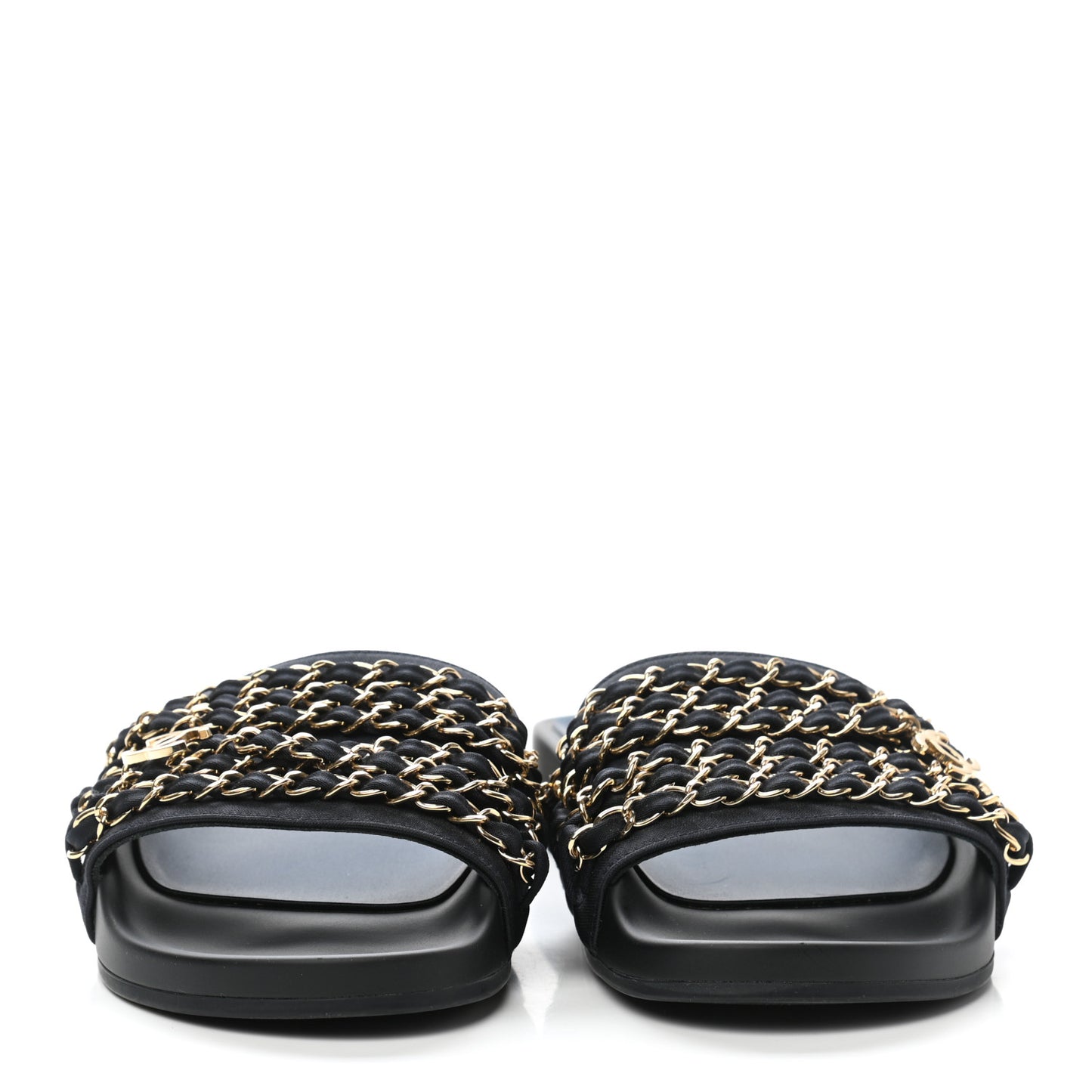Satin Canvas Chain Slides Sandals Flats 35 Marine