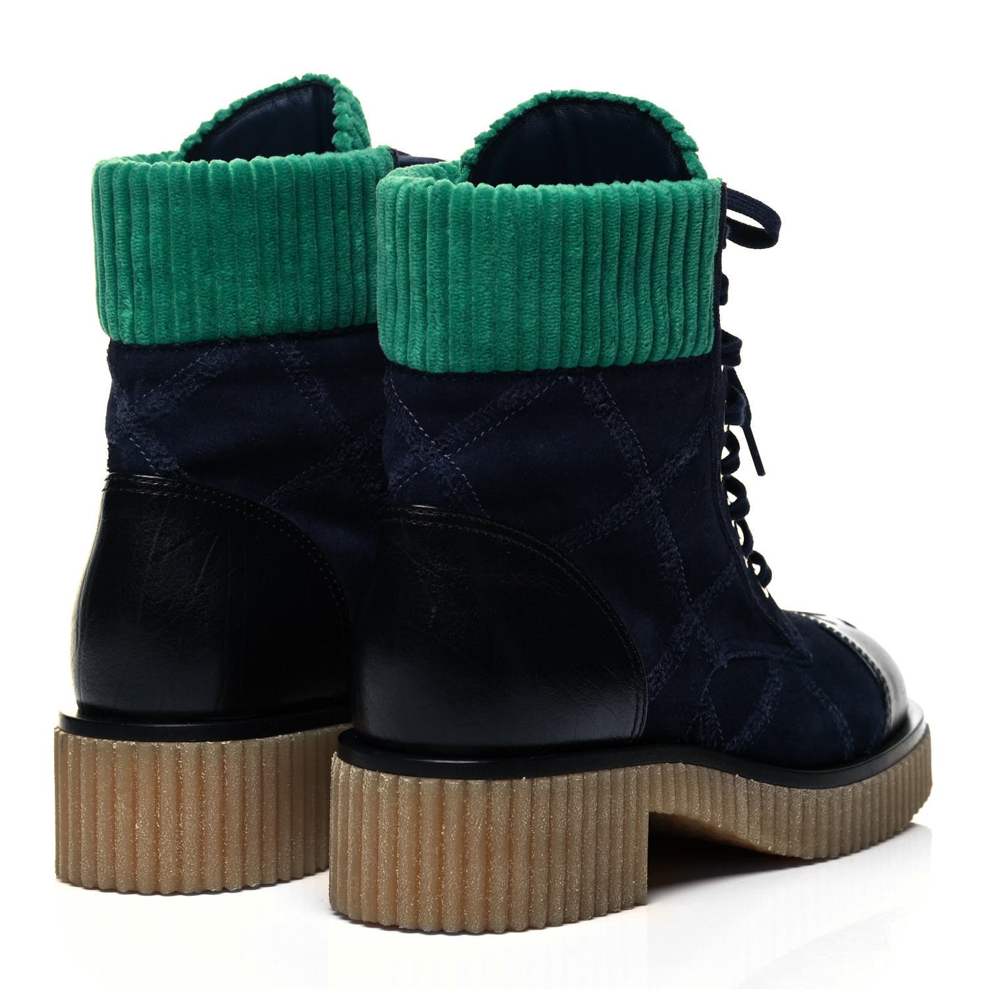 Suede Calfskin Velvet Quilted CC Combat Boots 38 Navy Green Black