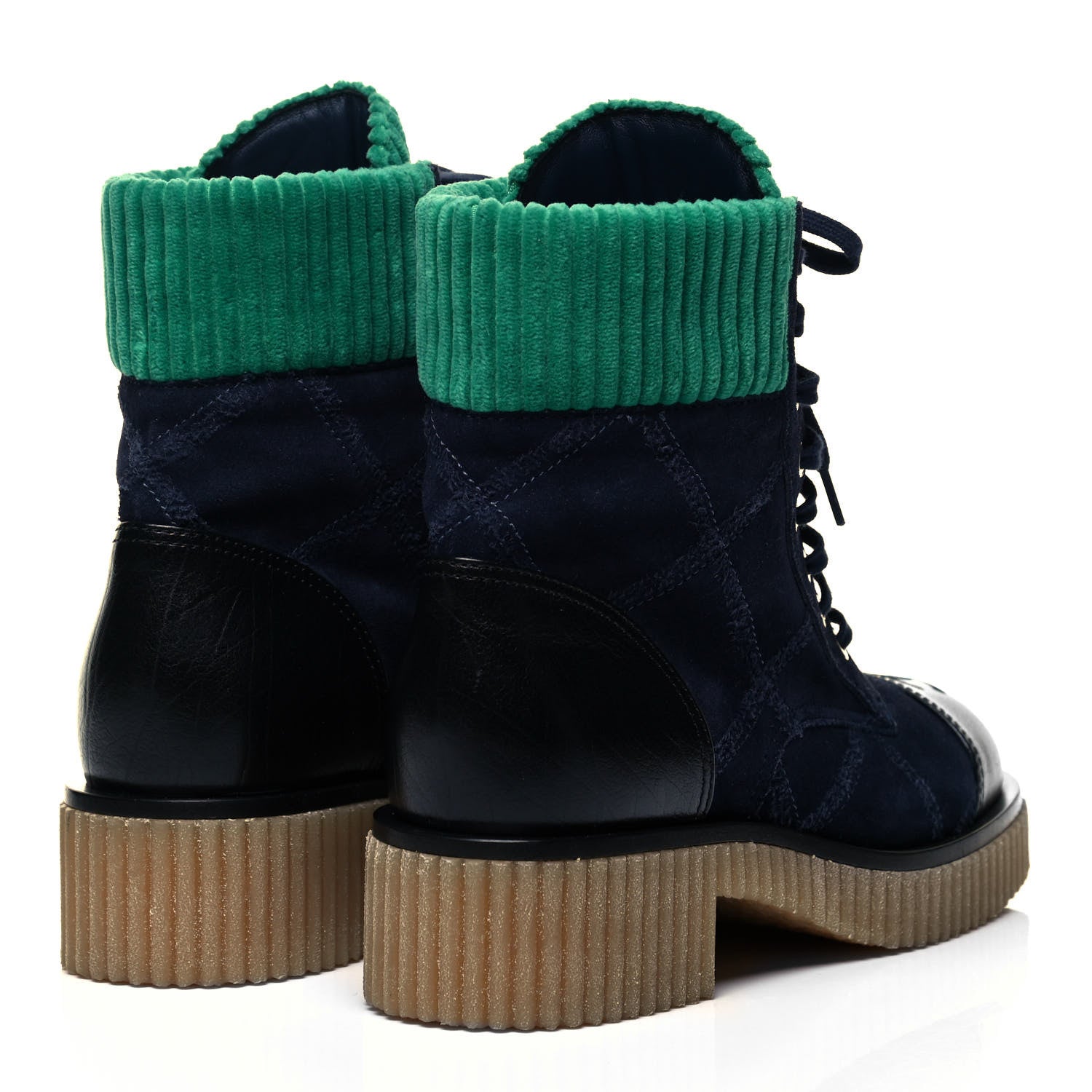 Chanel Suede Calfskin Velvet Quilted CC Combat Boots 38 Navy Green Black 4 of 9