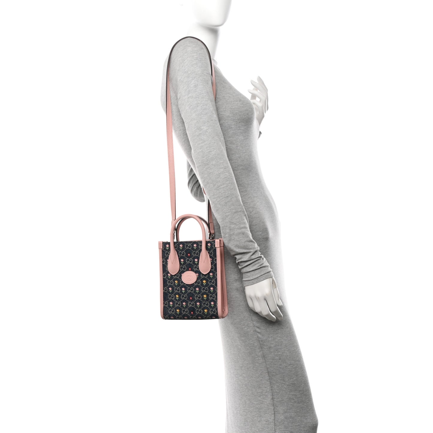 Denim Dollar Calfskin GG Monogram Mini Retro Interlocking G Tote Bag Blue Tea Multicolor Powder Pink