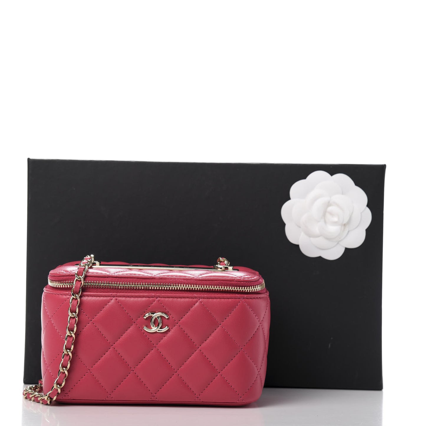 Lambskin Quilted Trendy Small Vanity Case With Chain Dark Pink