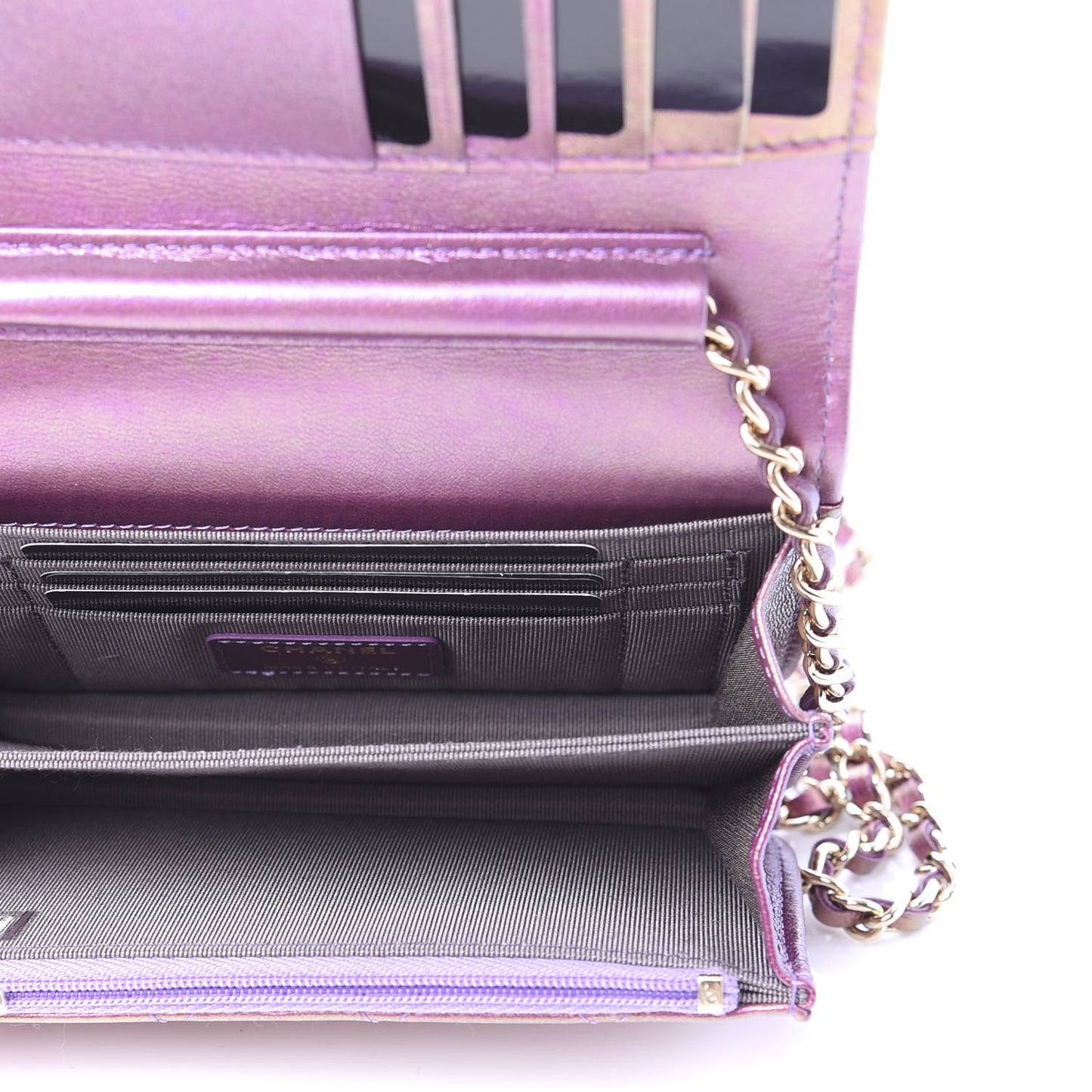Iridescent Lambskin Quilted Mini Wallet On Chain WOC Purple
