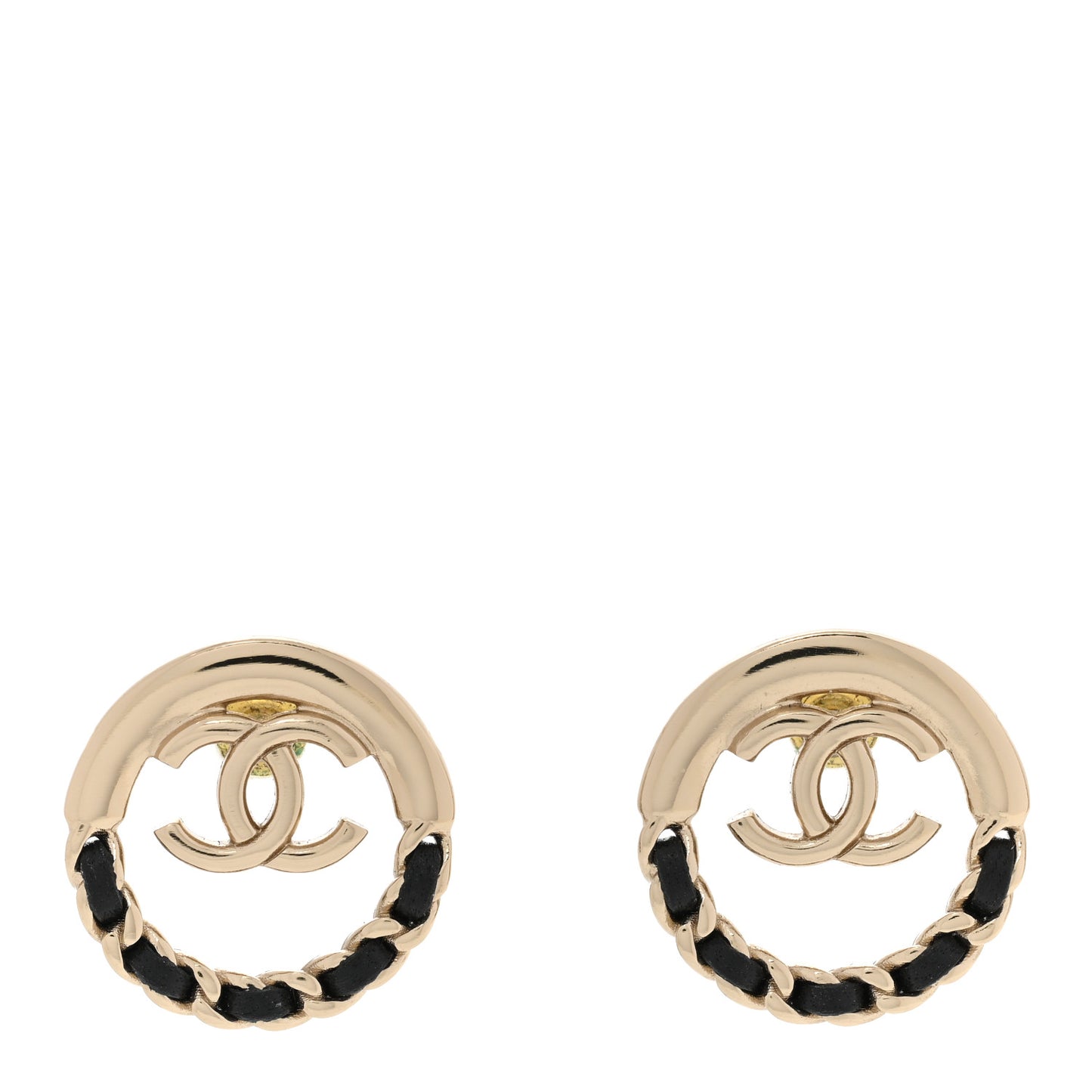 Lambskin Chain CC Round Earrings Gold Black