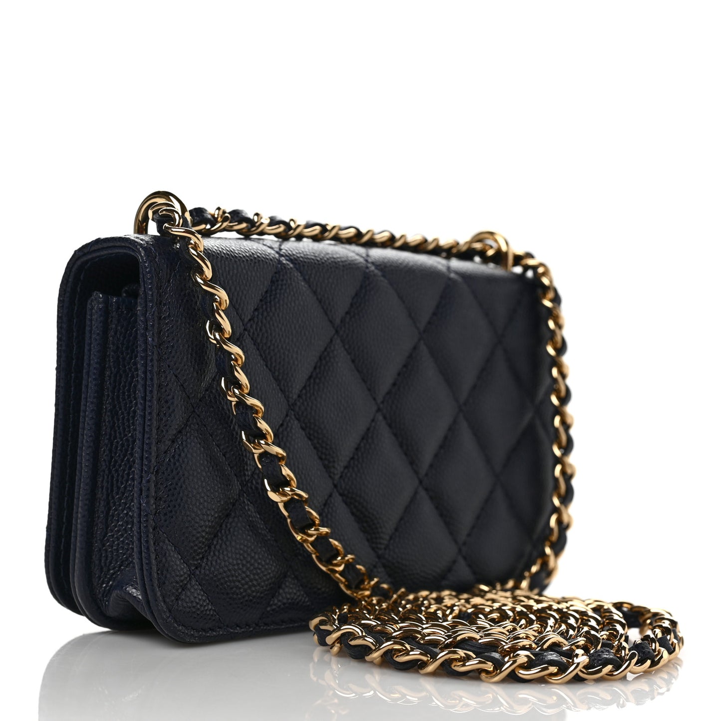 Caviar Quilted Pocket Twins Clutch With Chain Navy