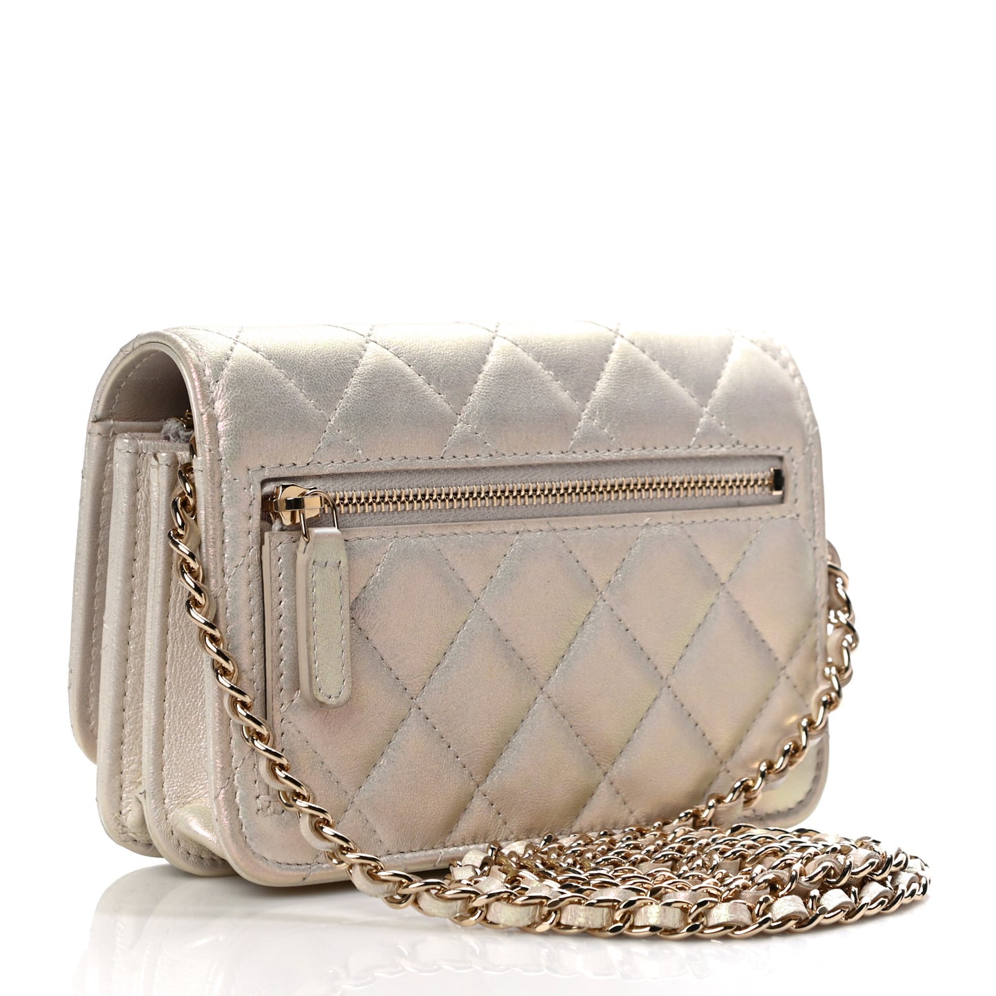 Iridescent Lambskin Quilted Mini Wallet On Chain WOC Ivory