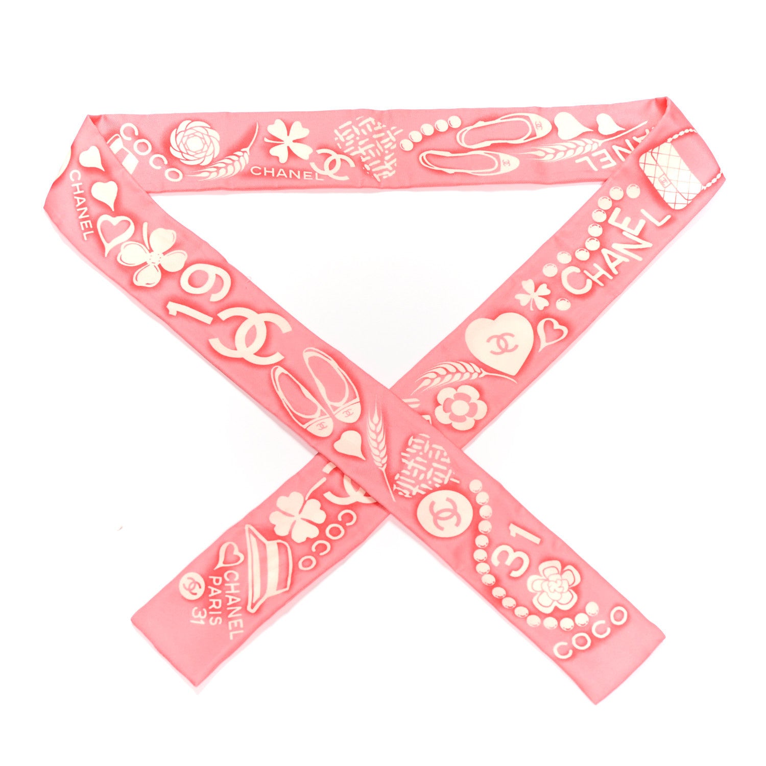 Chanel Silk CC Slim Floral Bandeau Scarf Pink Ivory 1882089