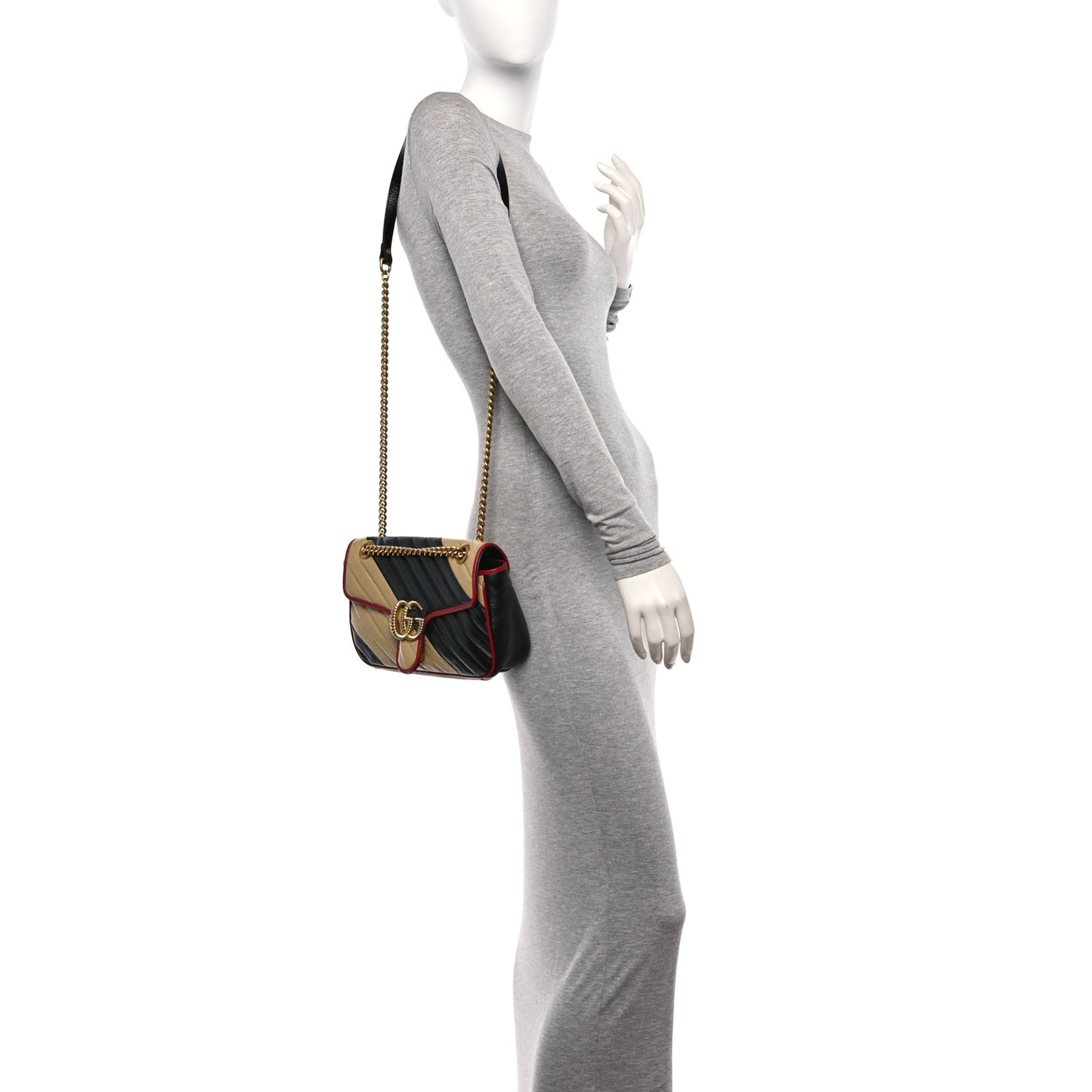 Vintage Effect Calfskin Matelasse Diagonal Striped Small Torchon GG Marmont Shoulder Bag Black Beige