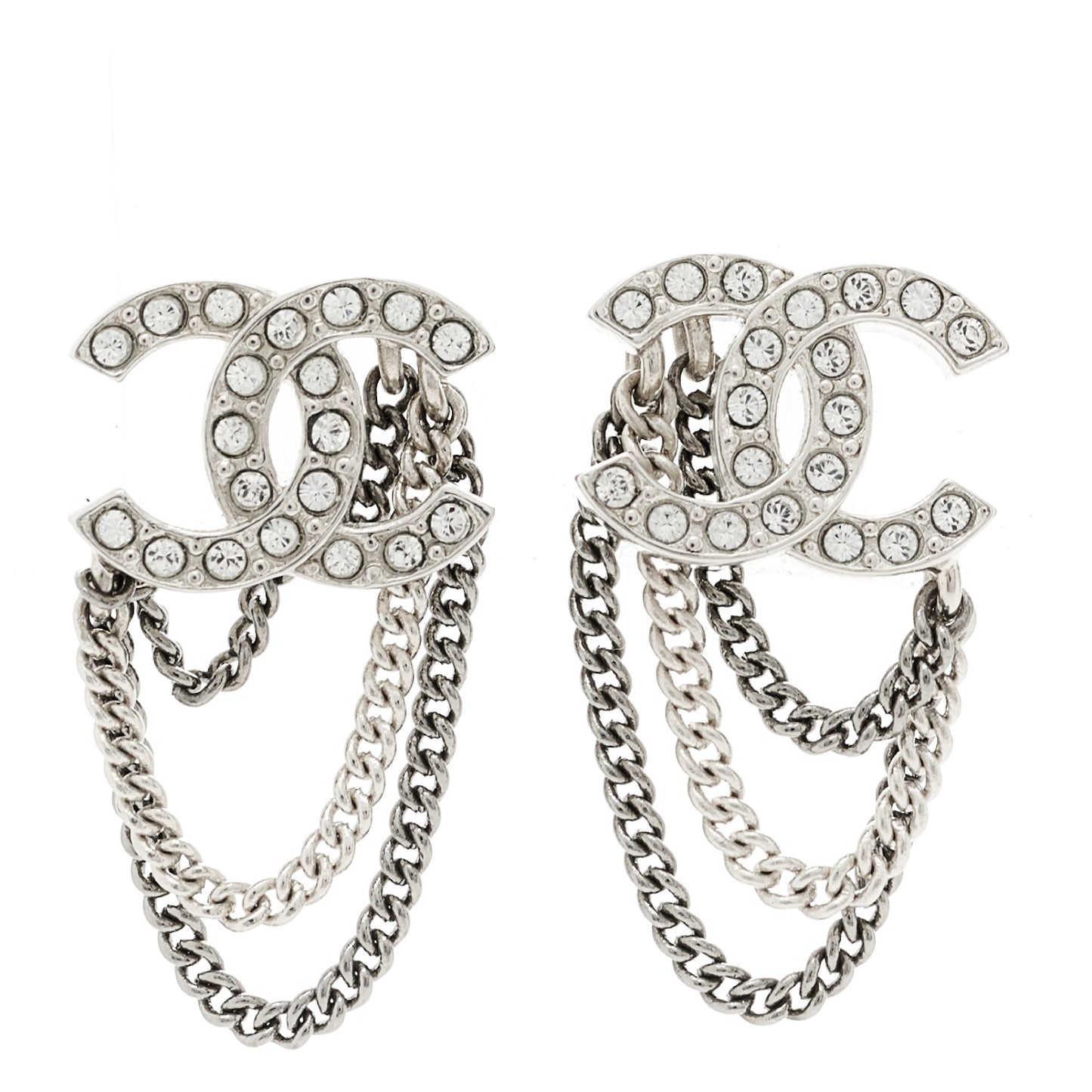 Crystal Chain CC Earrings Silver