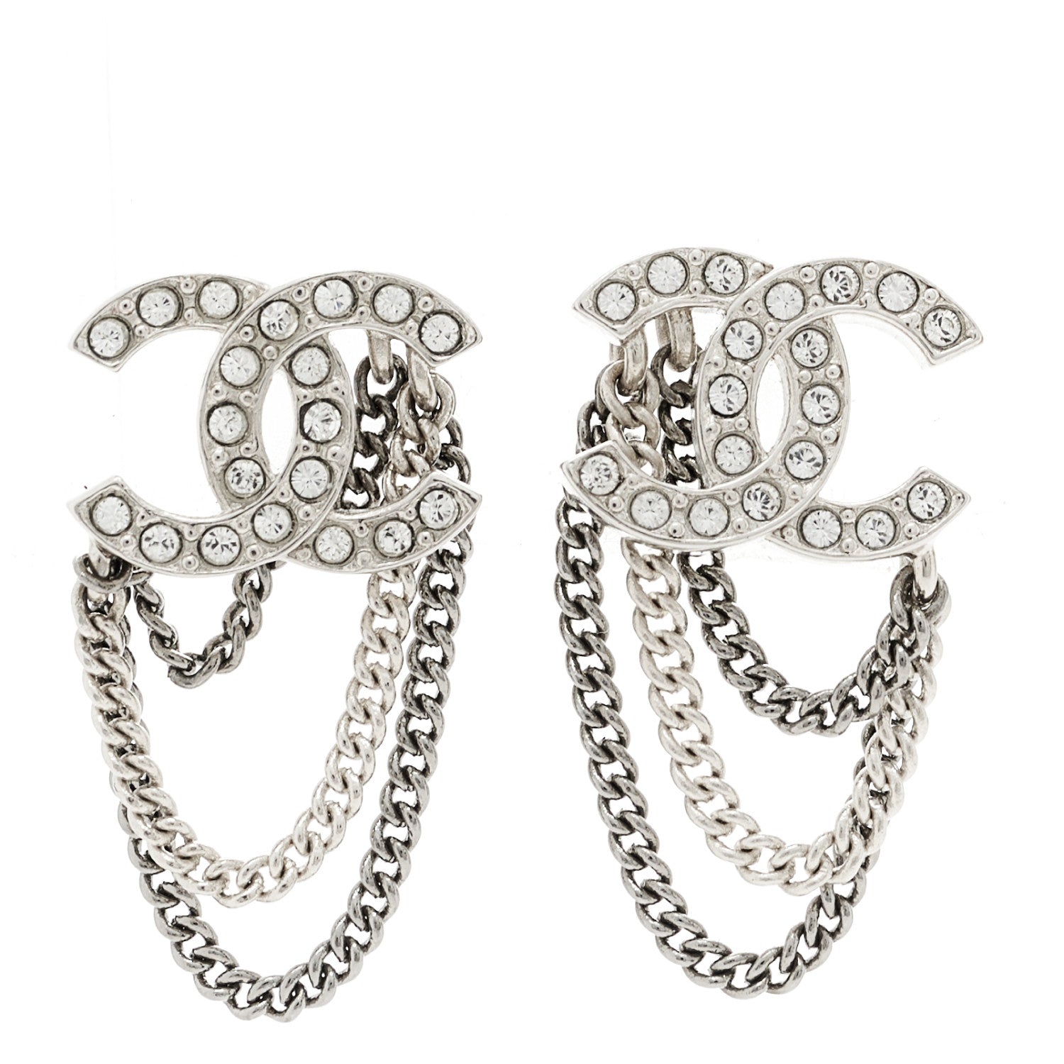 Chanel Crystal Chain CC Earrings Silver 1 of 5