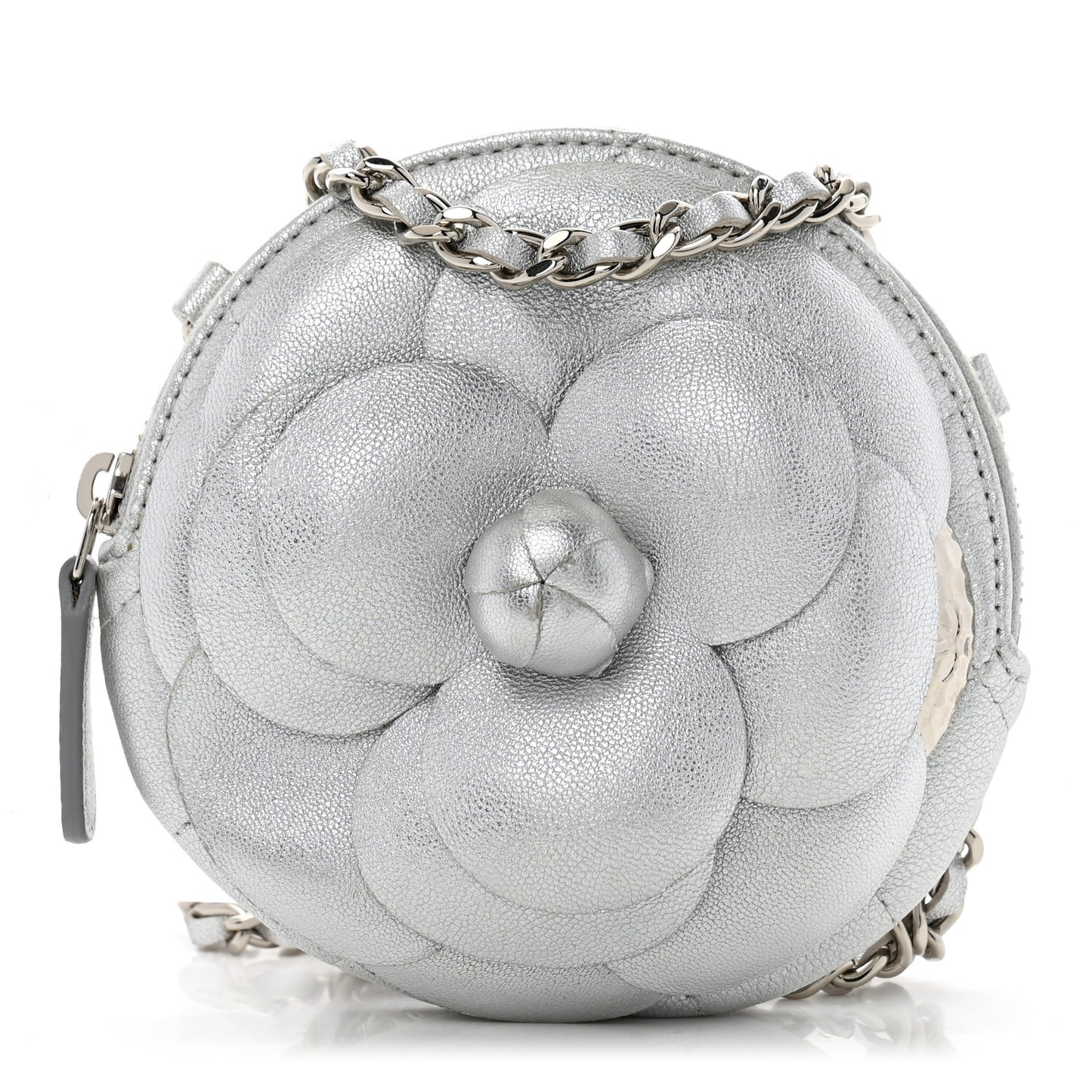 Metallic Lambskin Mini Camellia Bouquet Clutch With Chain Silver