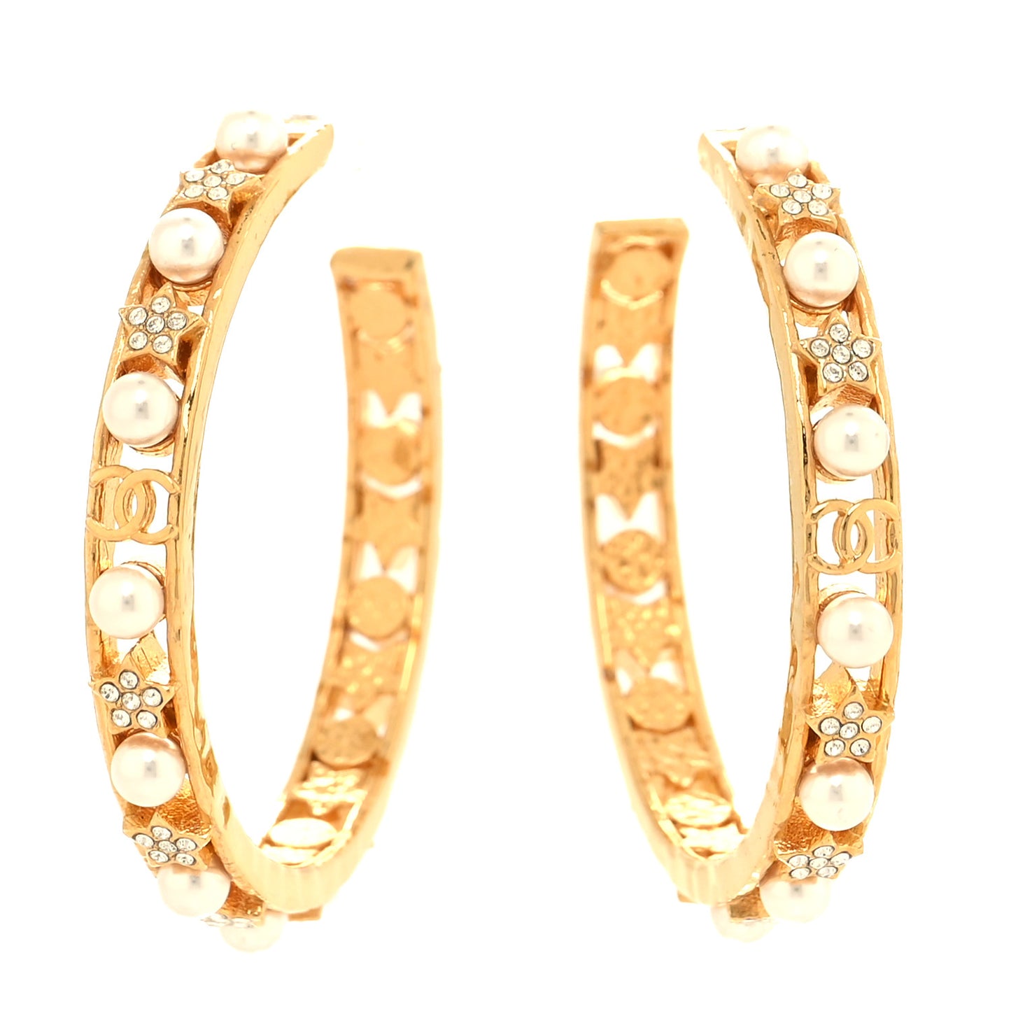 Crystal Pearl CC Star Hoop Earrings Gold Pearly White