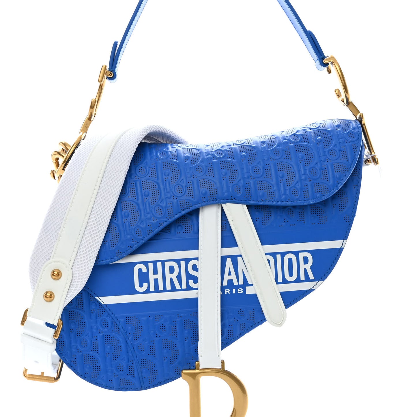 Perforated Calfskin Embossed Oblique Saddle Bag Blue White