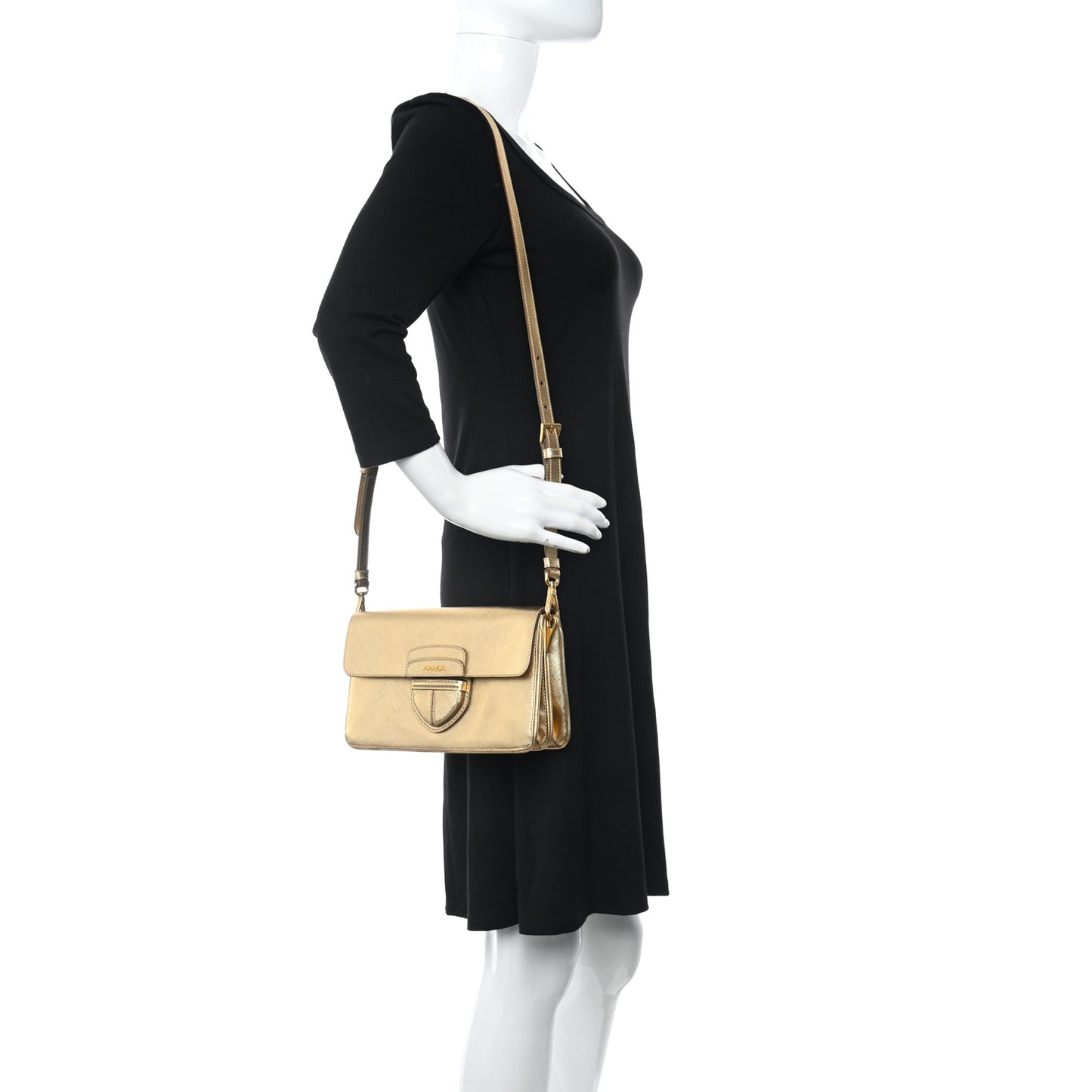 Metallic Saffiano Pushlock Flap Crossbody Bag Gold