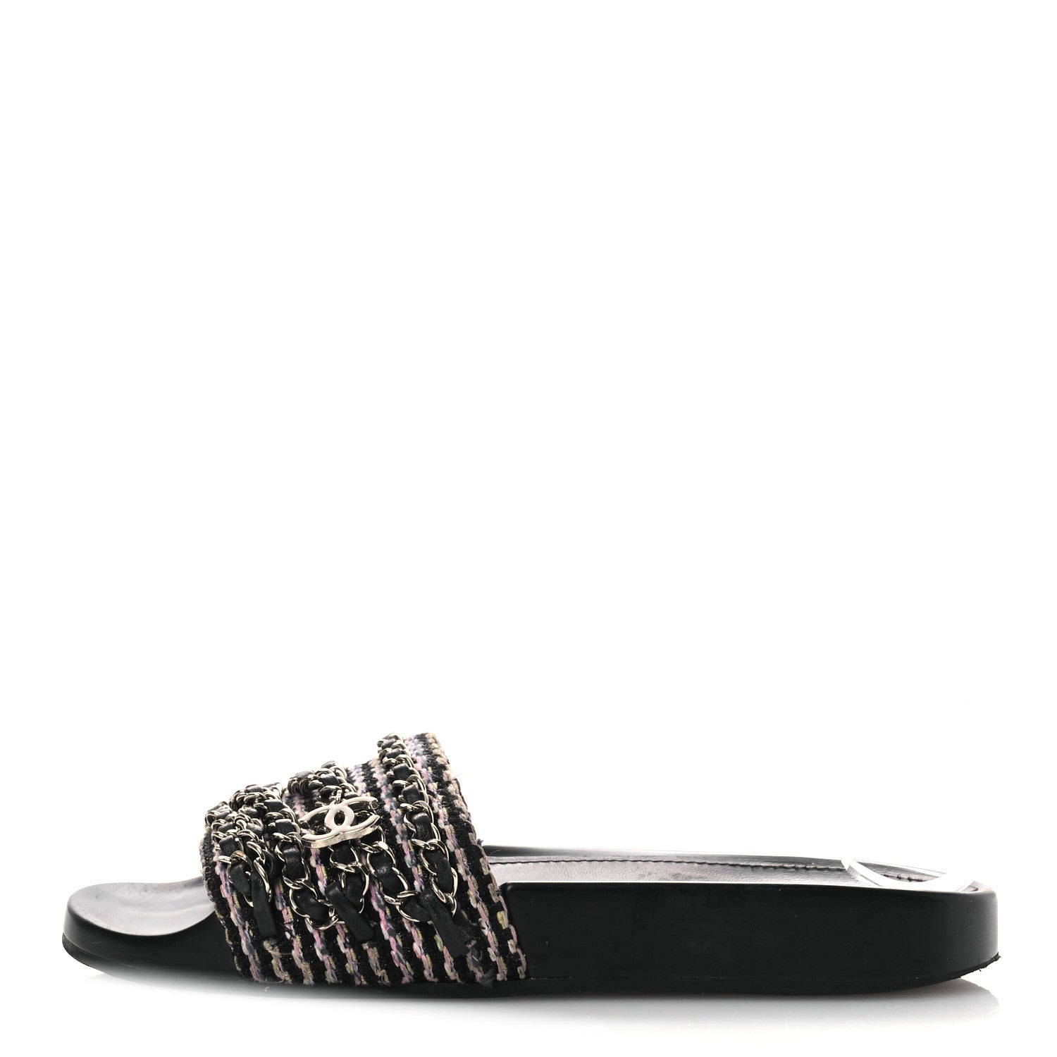 Chanel Tweed Lambskin Chain Flat Sandals 36 Black Multicolor